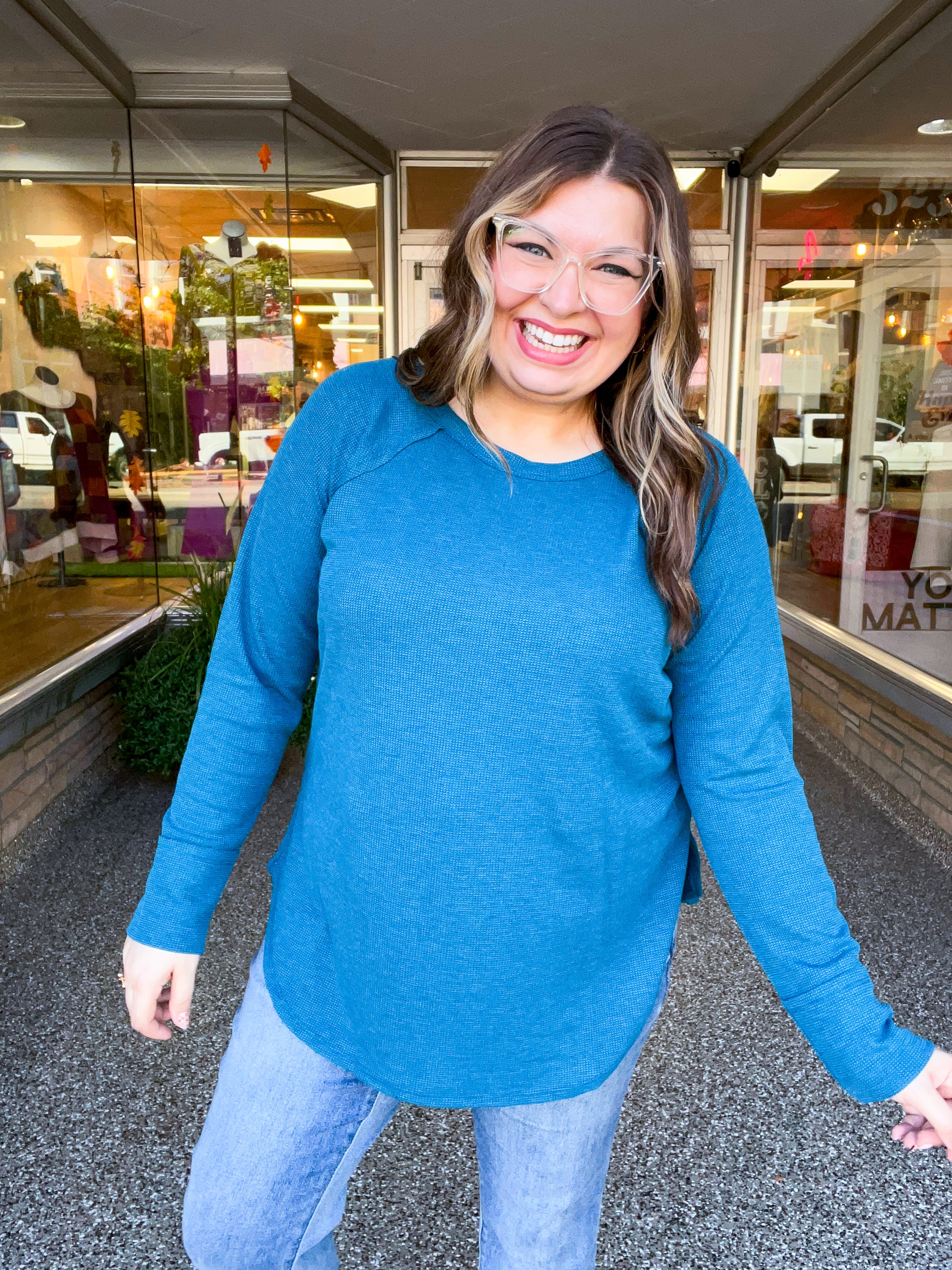 Country Lane Baby Waffle Long Sleeve Top in Teal