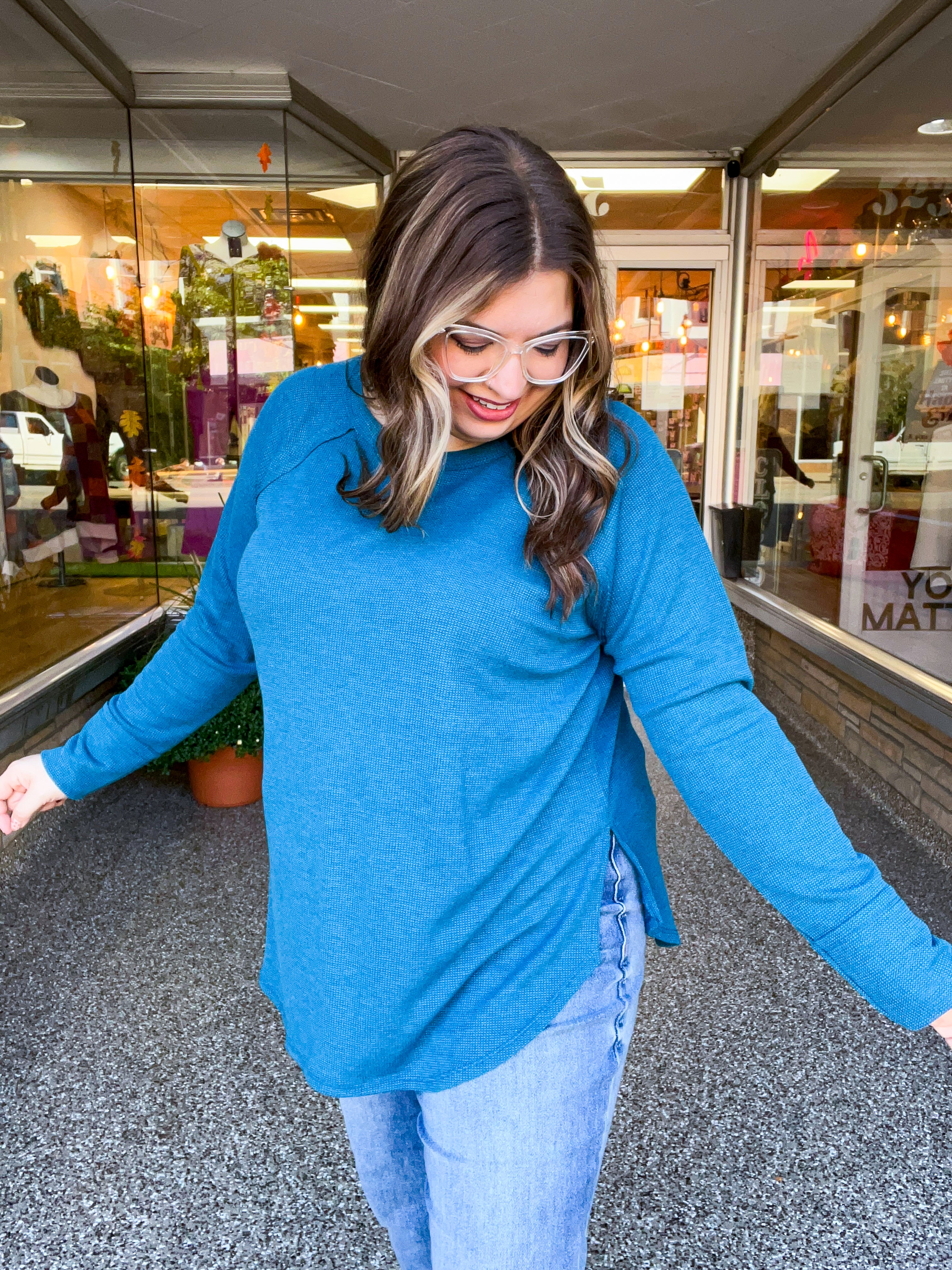Country Lane Baby Waffle Long Sleeve Top in Teal