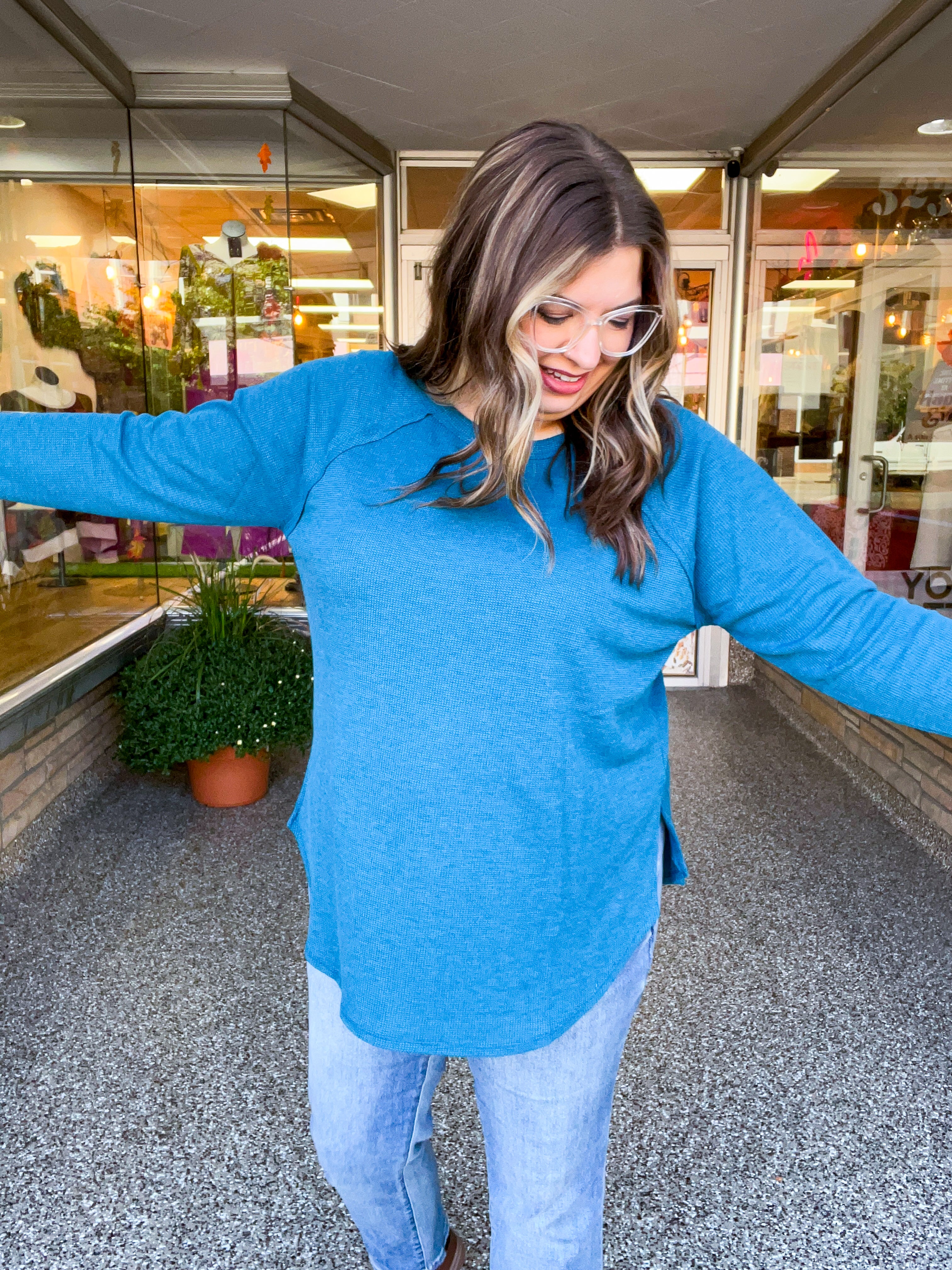 Country Lane Baby Waffle Long Sleeve Top in Teal