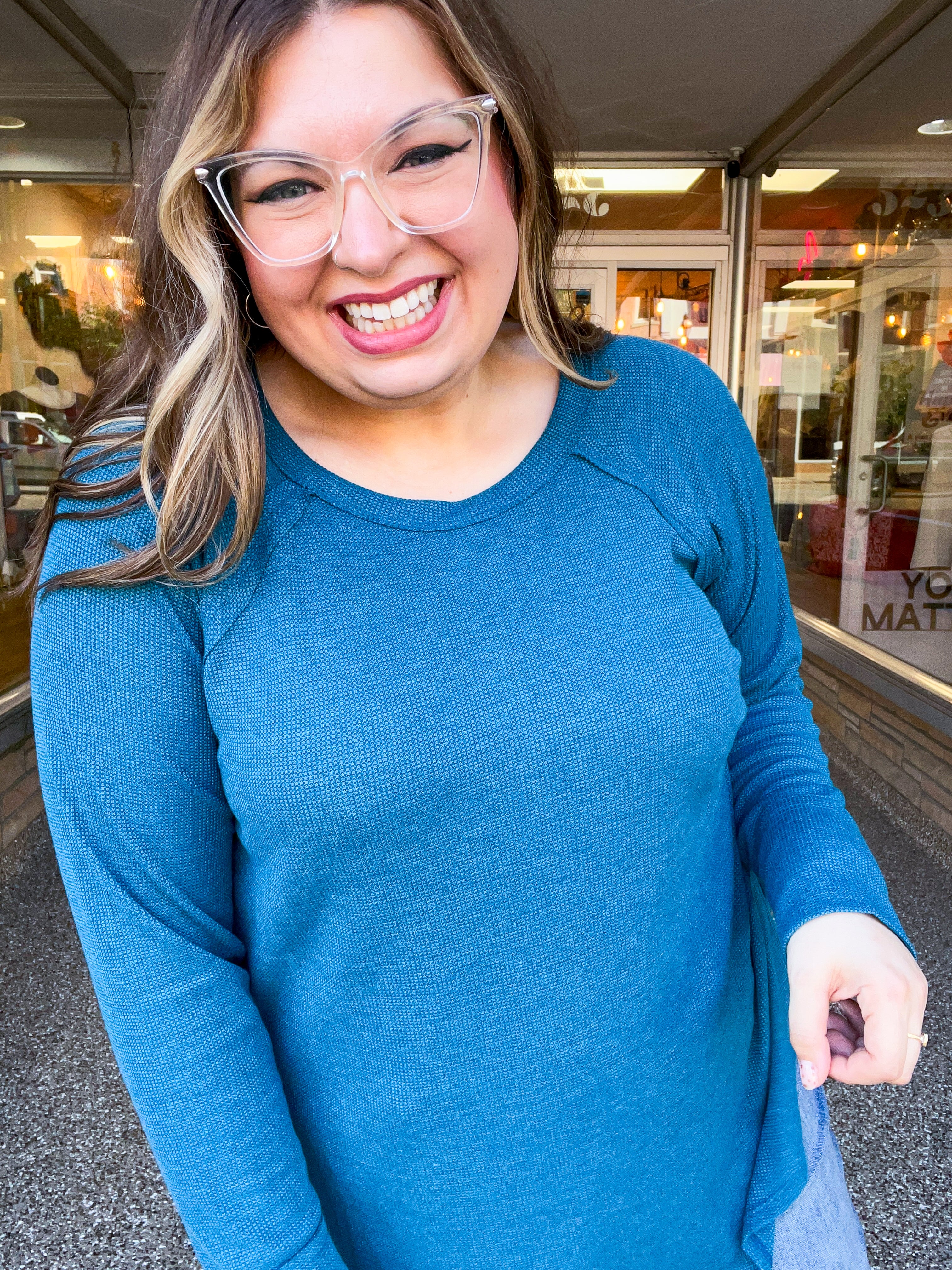 Country Lane Baby Waffle Long Sleeve Top in Teal