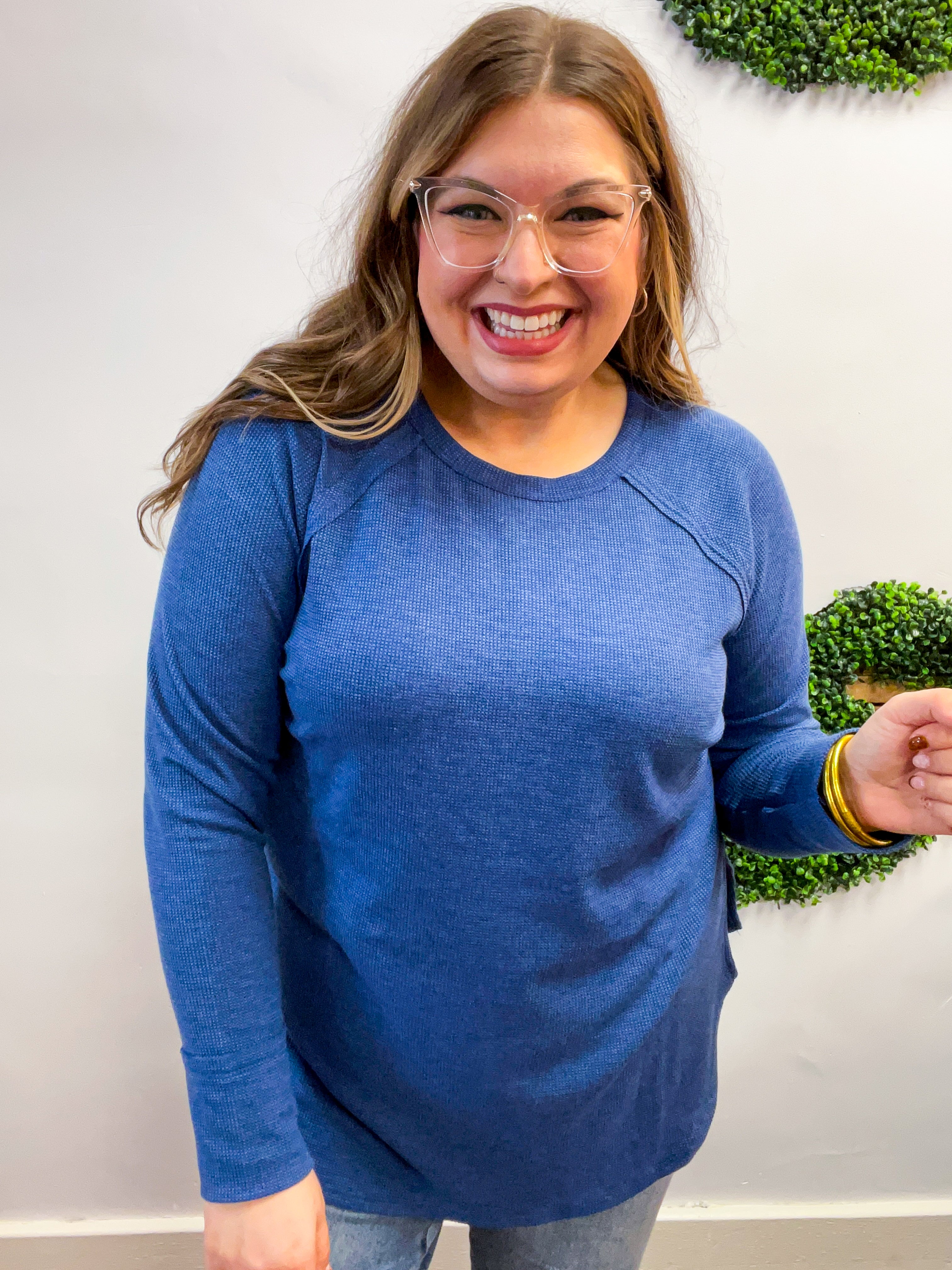 Country Lane Baby Waffle Long Sleeve Top in Light Navy