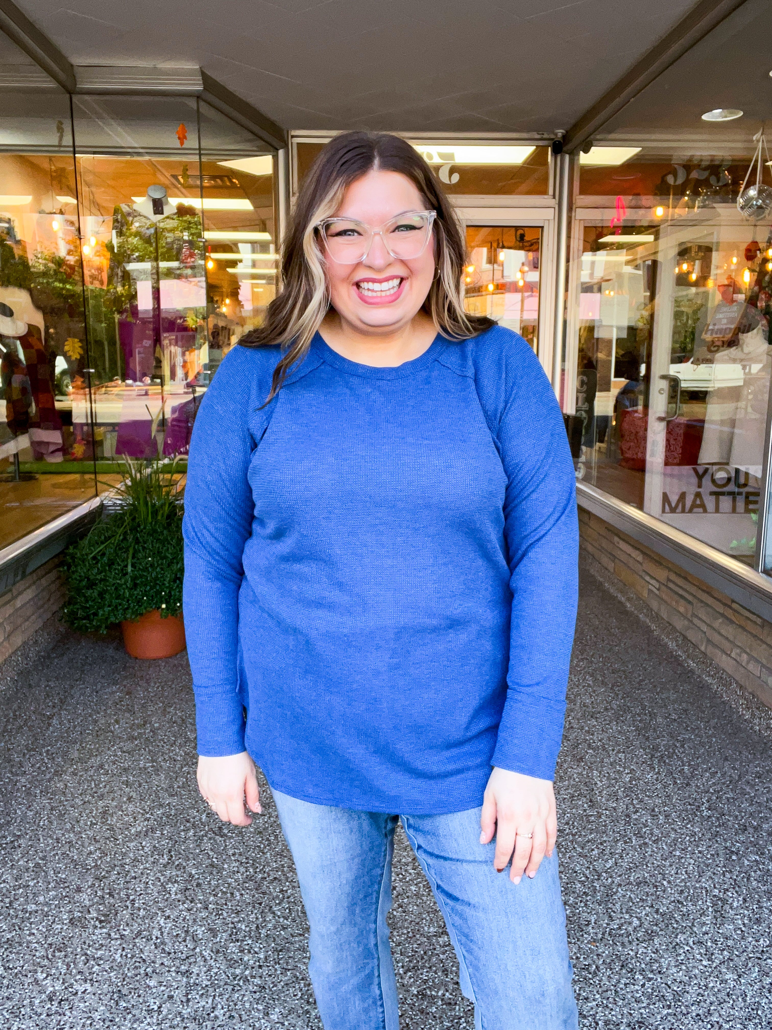 Country Lane Baby Waffle Long Sleeve Top in Light Navy
