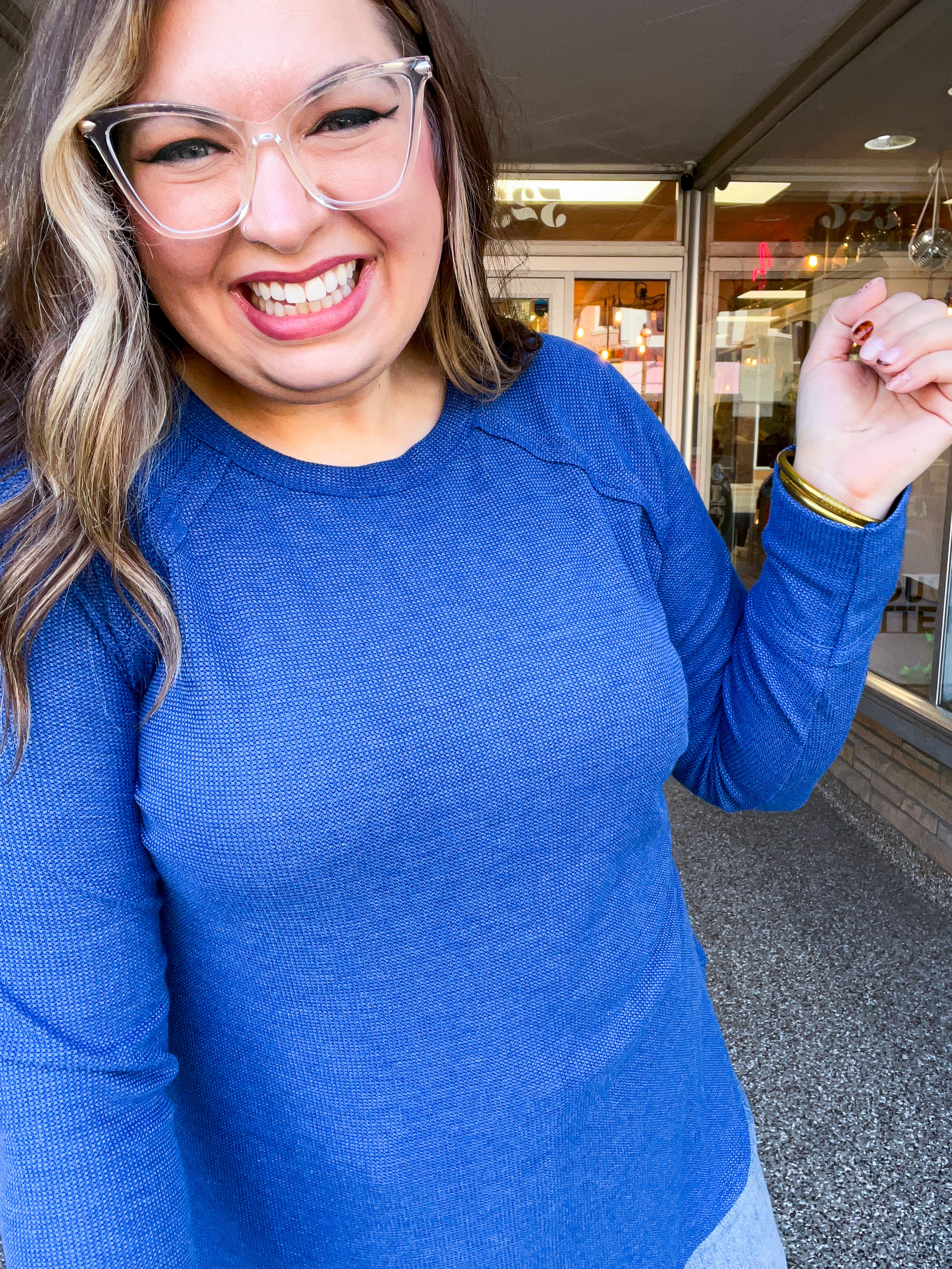 Country Lane Baby Waffle Long Sleeve Top in Light Navy