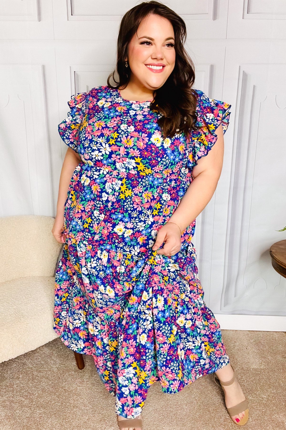 Just A Dream Navy Floral Smocked Ruffle Sleeve Maxi Dress ...