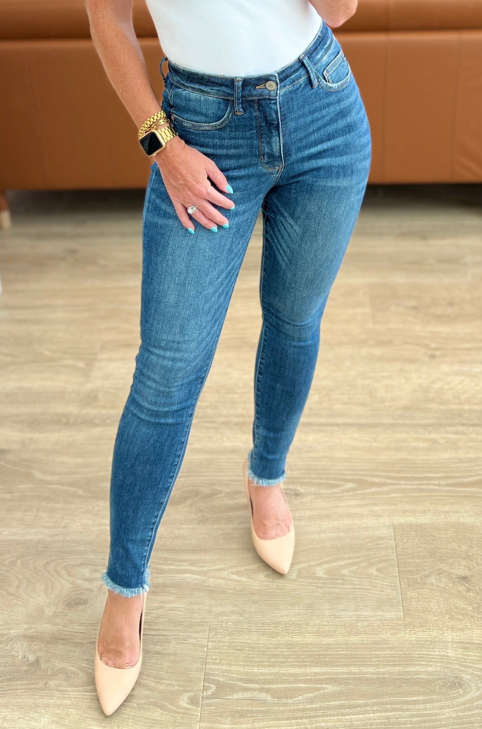 High Rise Tummy Control Side Slit Skinny Judy Blue Jeans