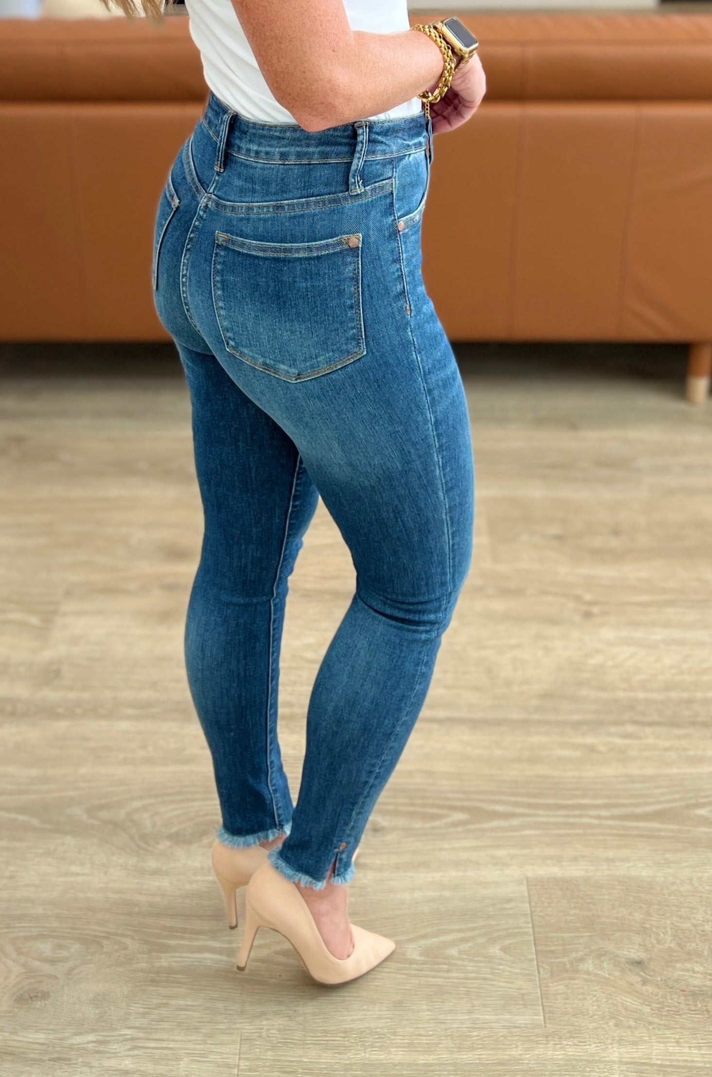 High Rise Tummy Control Side Slit Skinny Judy Blue Jeans