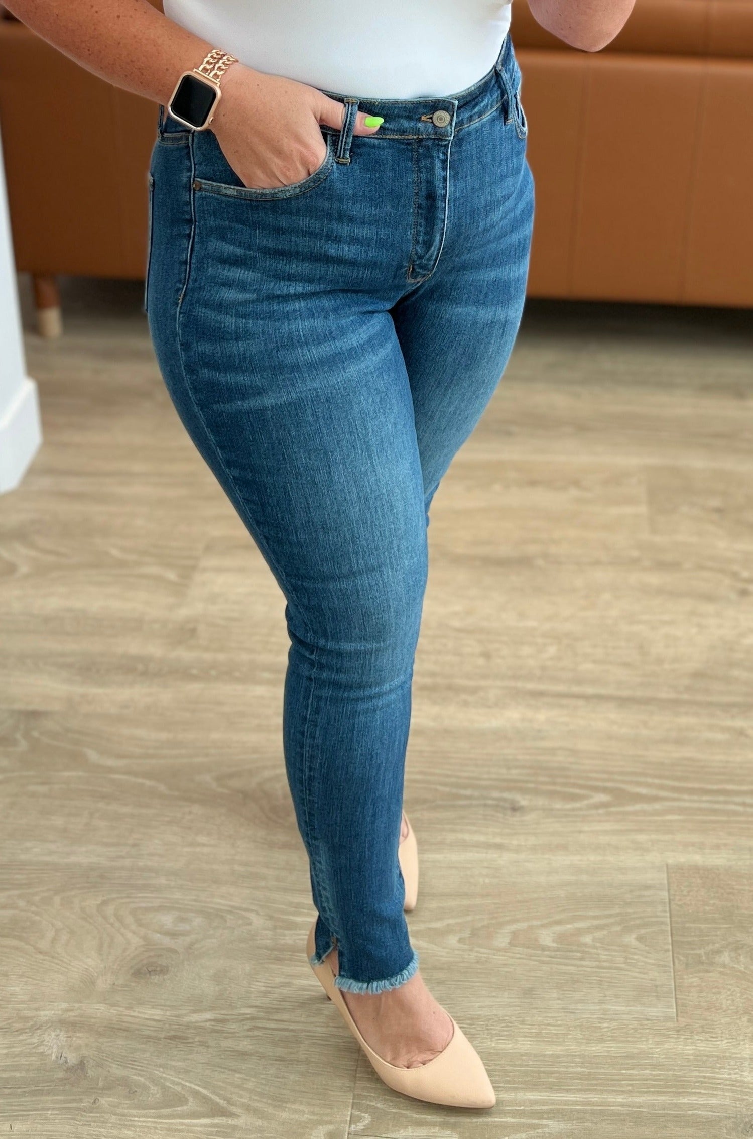 High Rise Tummy Control Side Slit Skinny Judy Blue Jeans