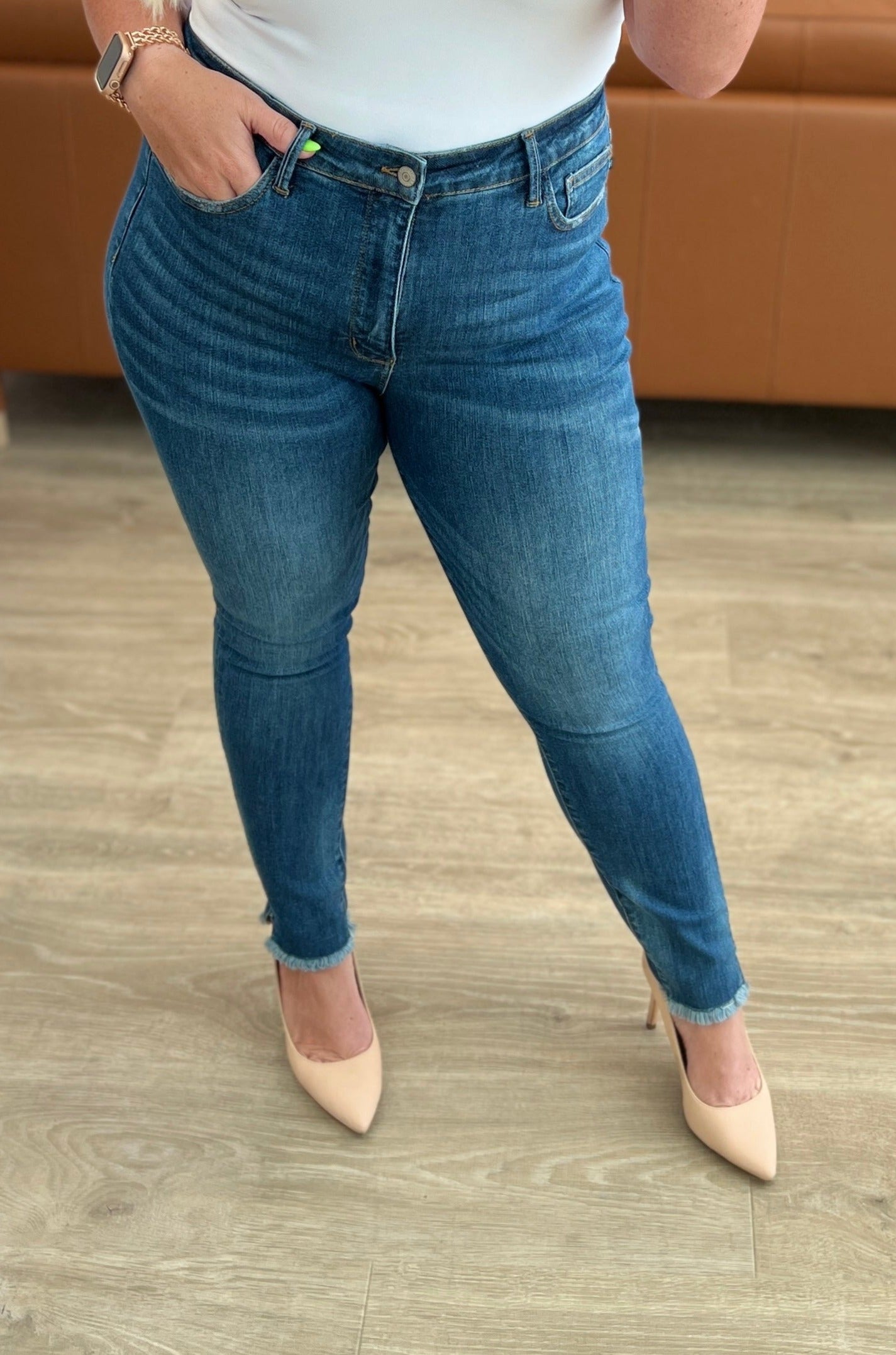 High Rise Tummy Control Side Slit Skinny Judy Blue Jeans