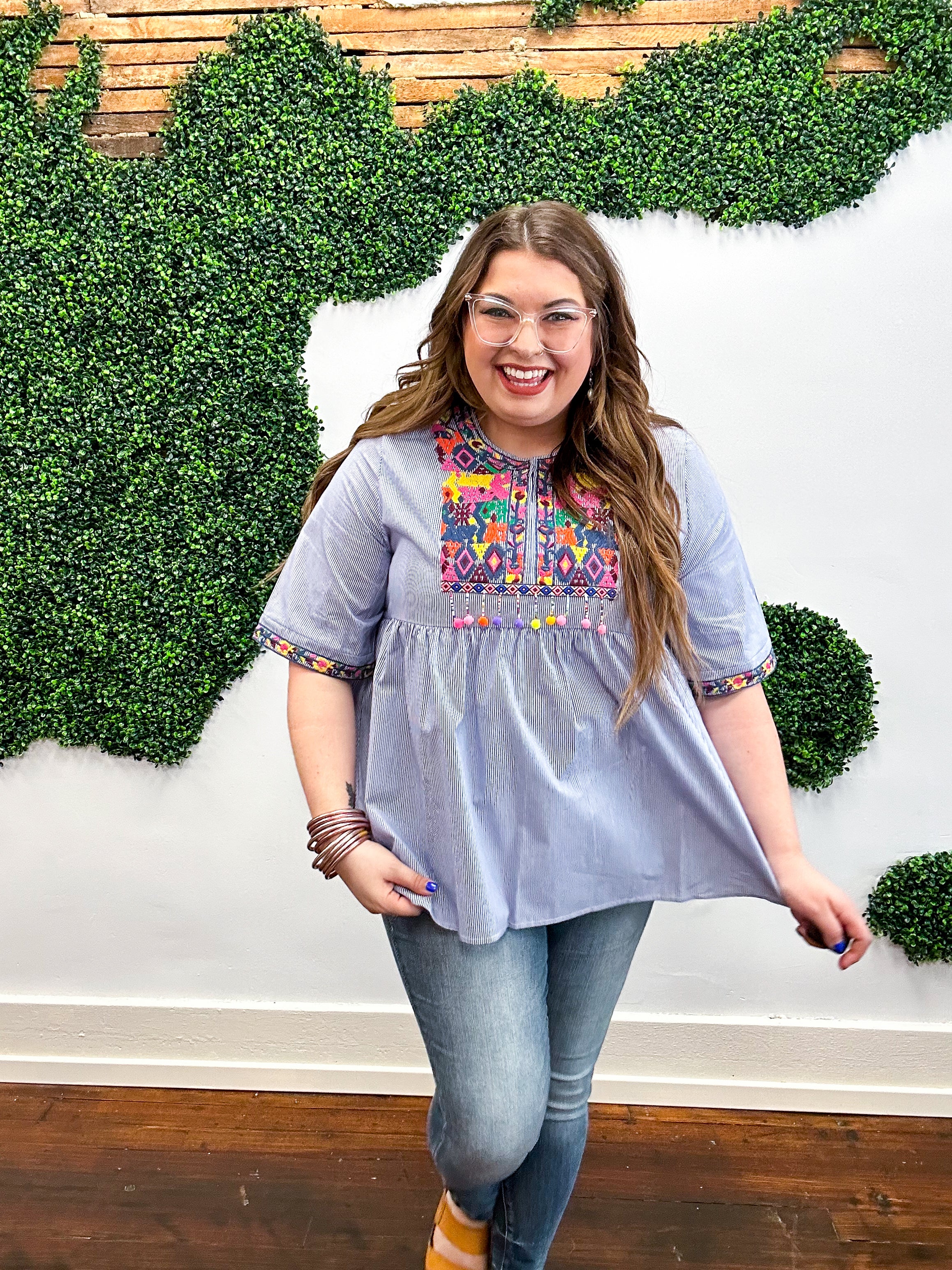 Aurora Navy Stripe Embroidered Beaded Pom Pom Yoke Top