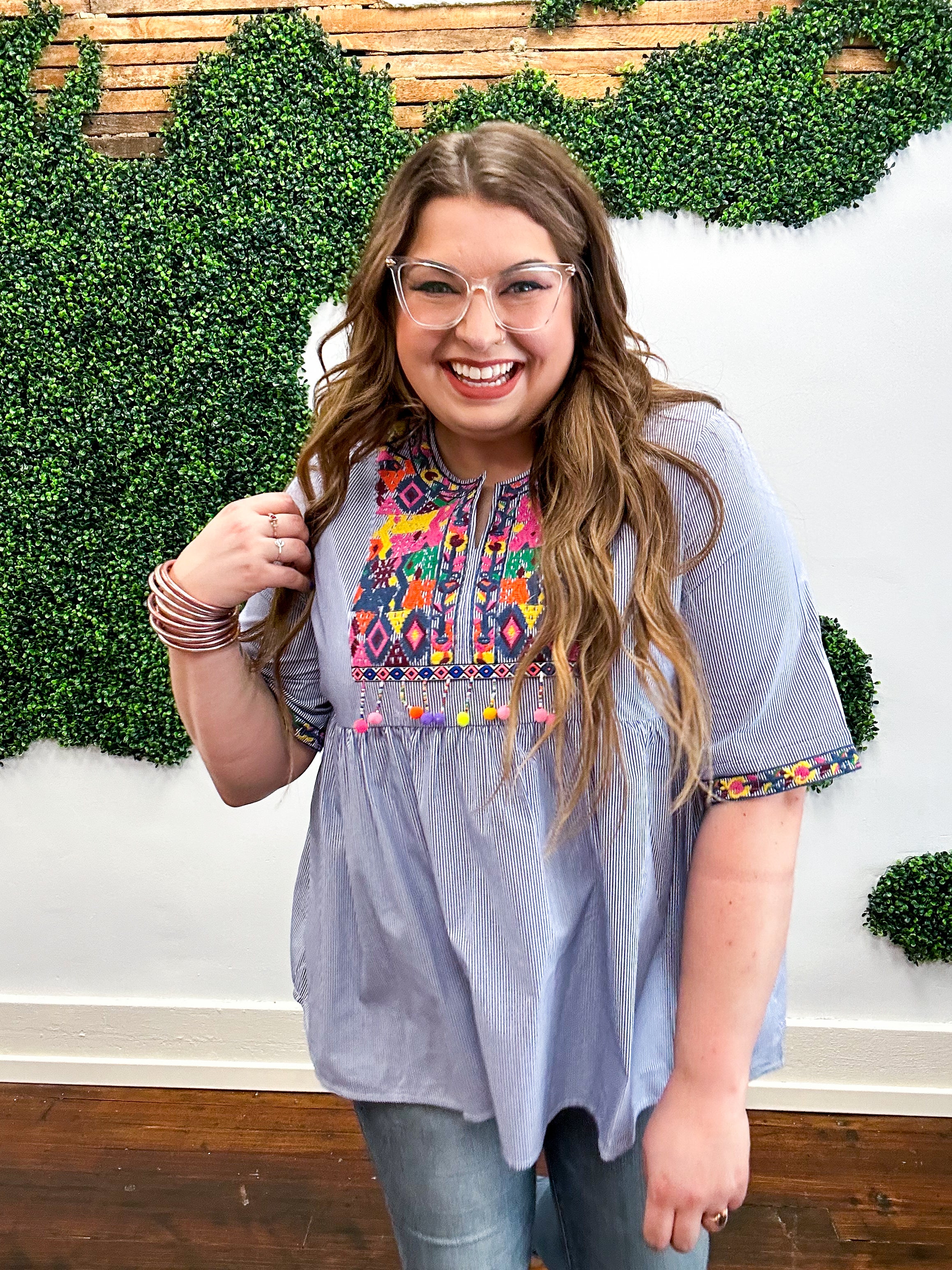 Aurora Navy Stripe Embroidered Beaded Pom Pom Yoke Top