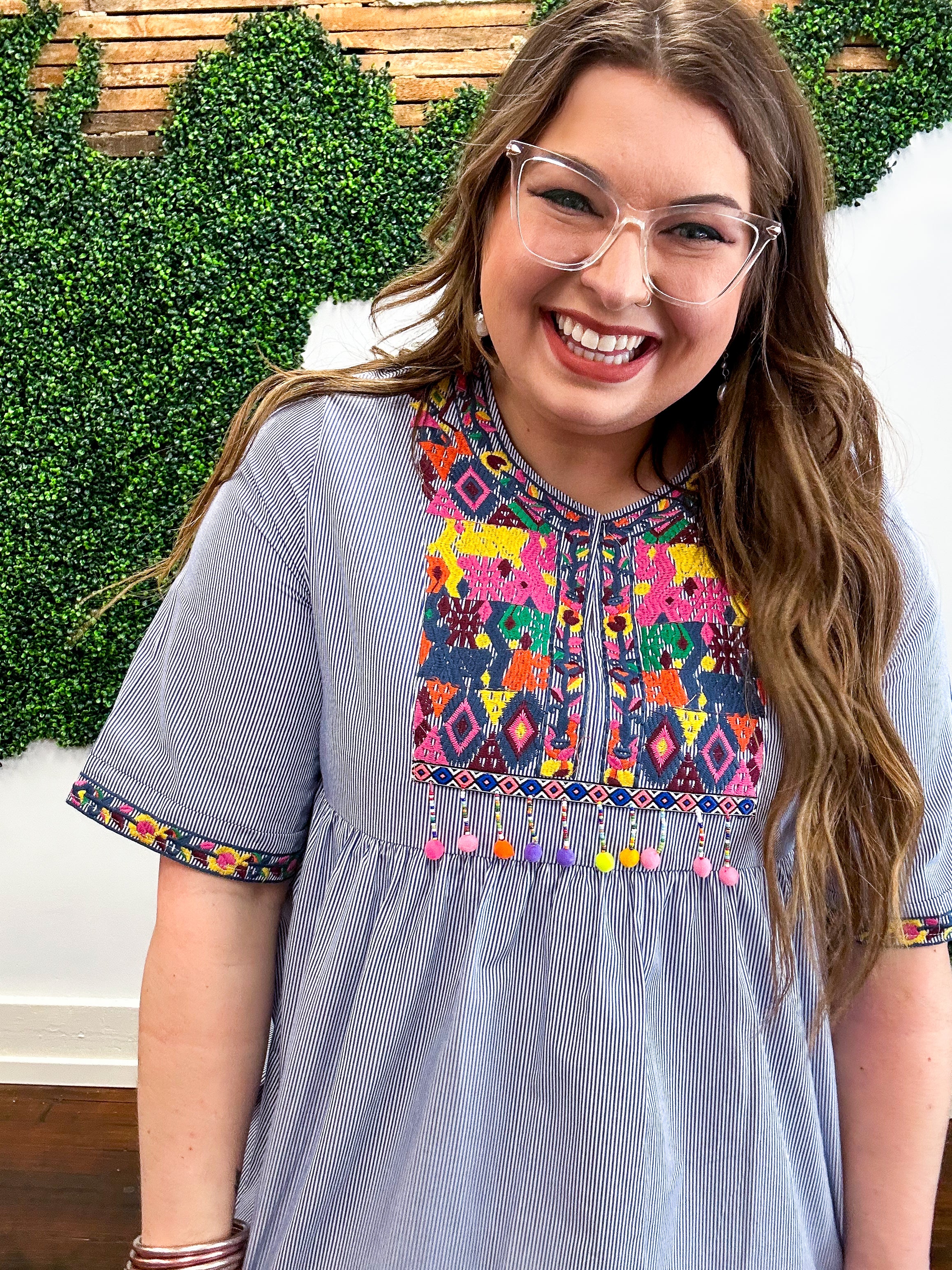 Aurora Navy Stripe Embroidered Beaded Pom Pom Yoke Top