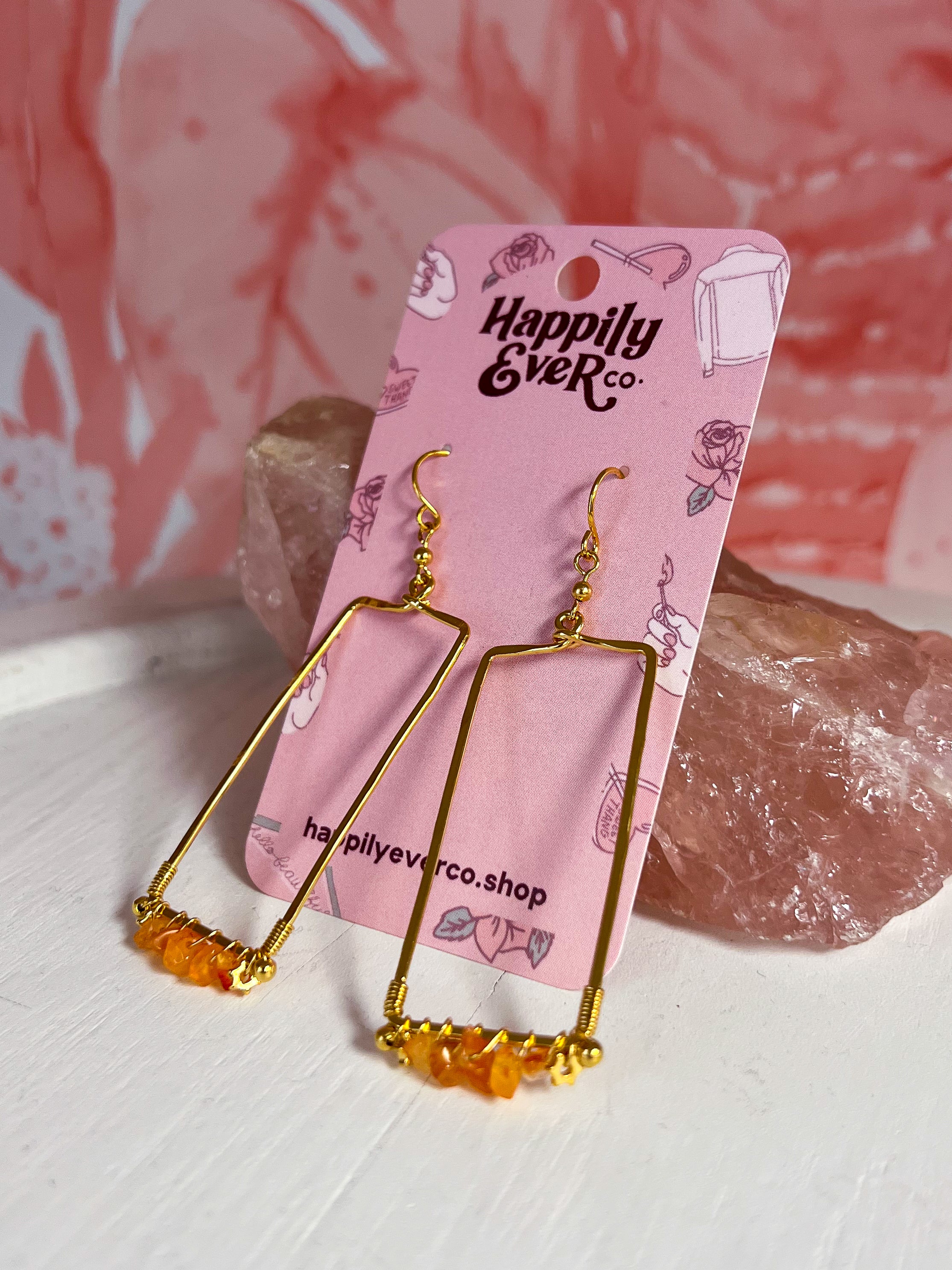 Rectangle & Raw Stone Earrings - Orange *FINAL SALE*