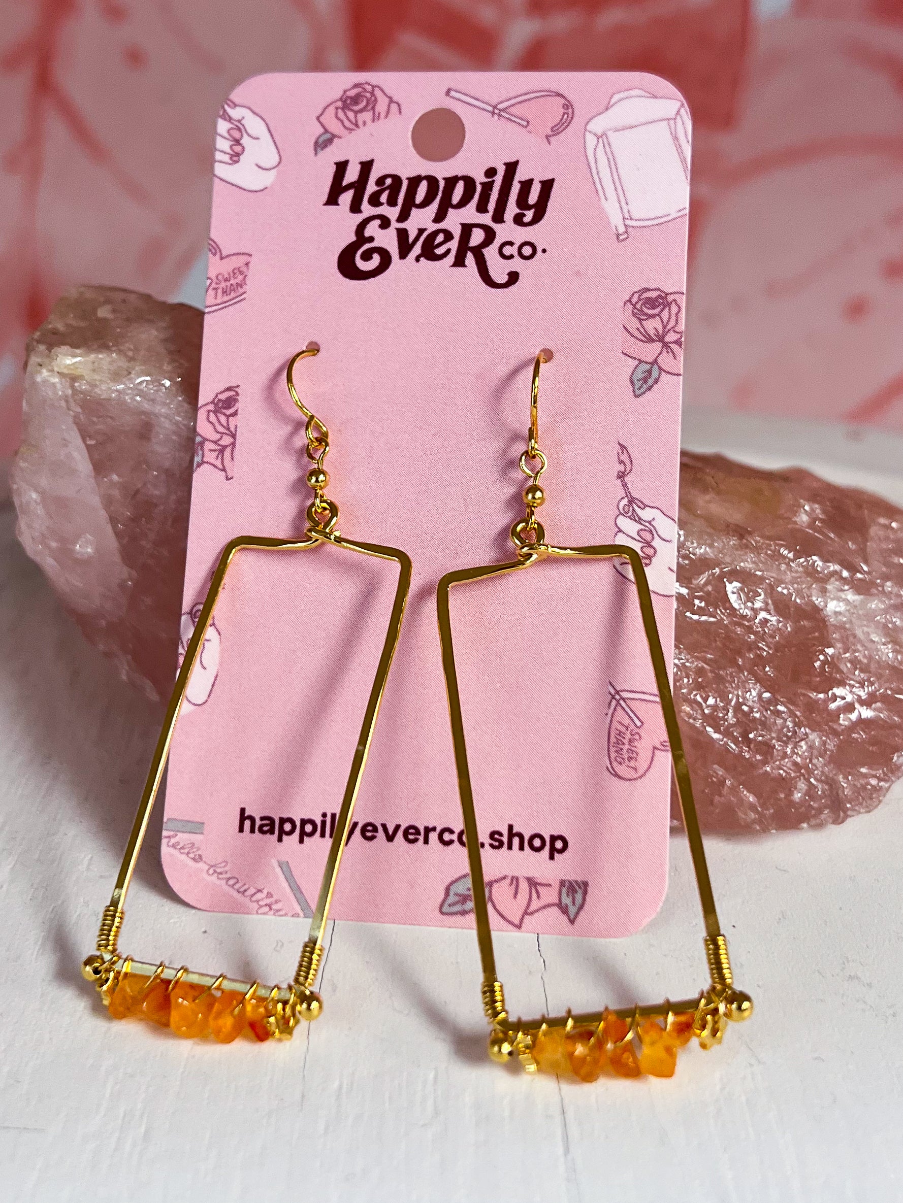 Rectangle & Raw Stone Earrings - Orange *FINAL SALE*