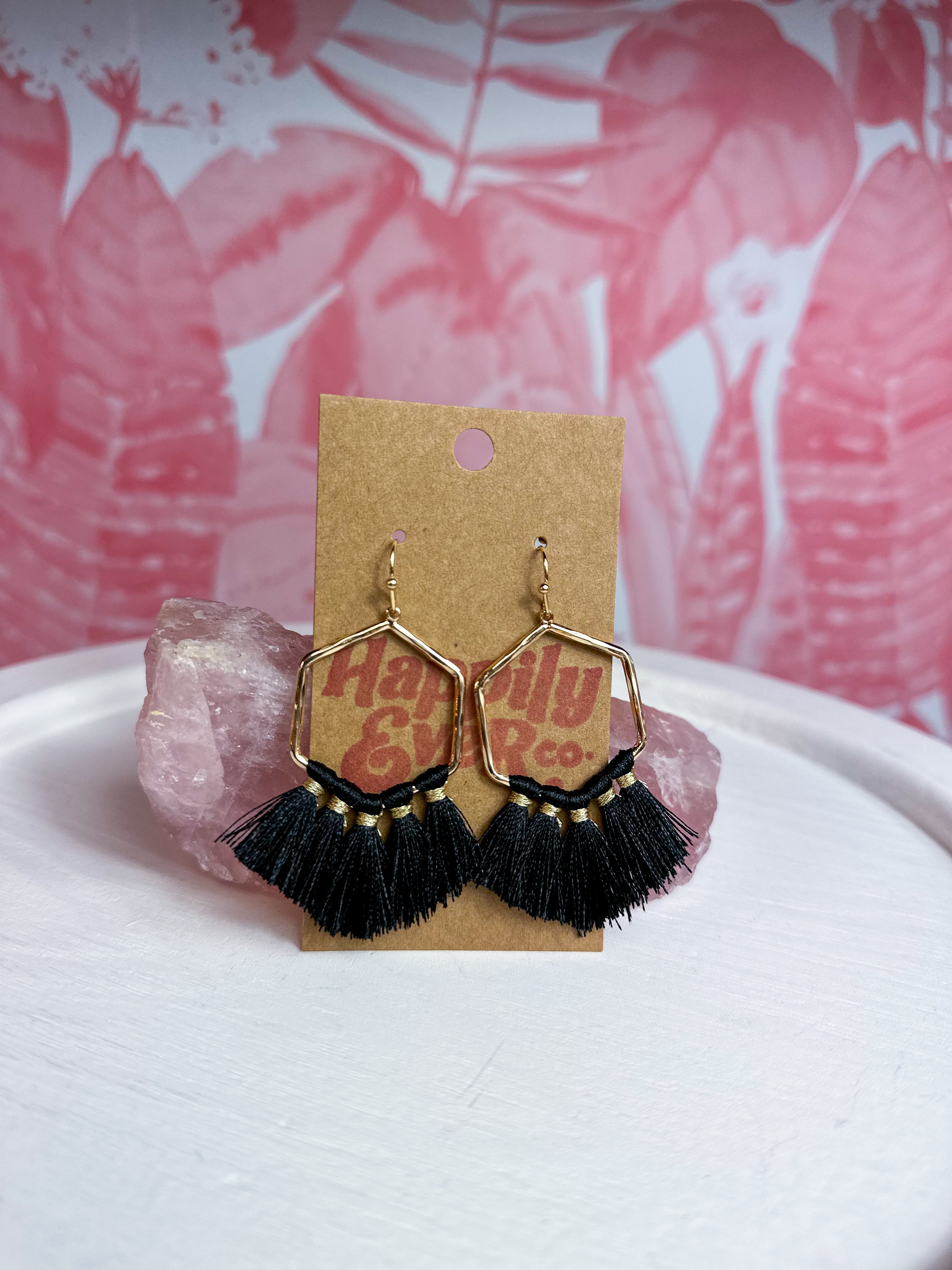 Textured Hexagon Tassel Earrings - Black *Final Sale*