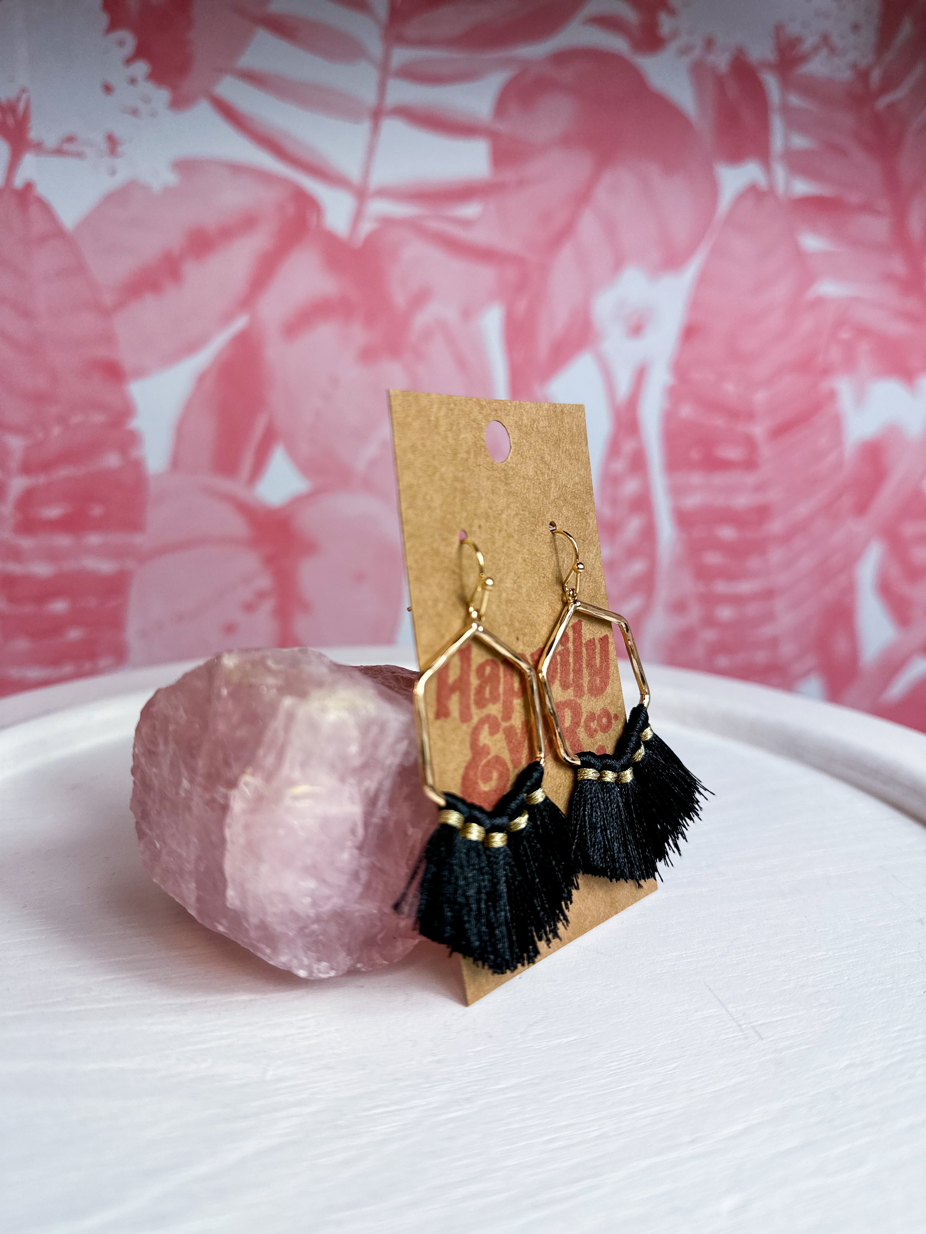 Textured Hexagon Tassel Earrings - Black *Final Sale*