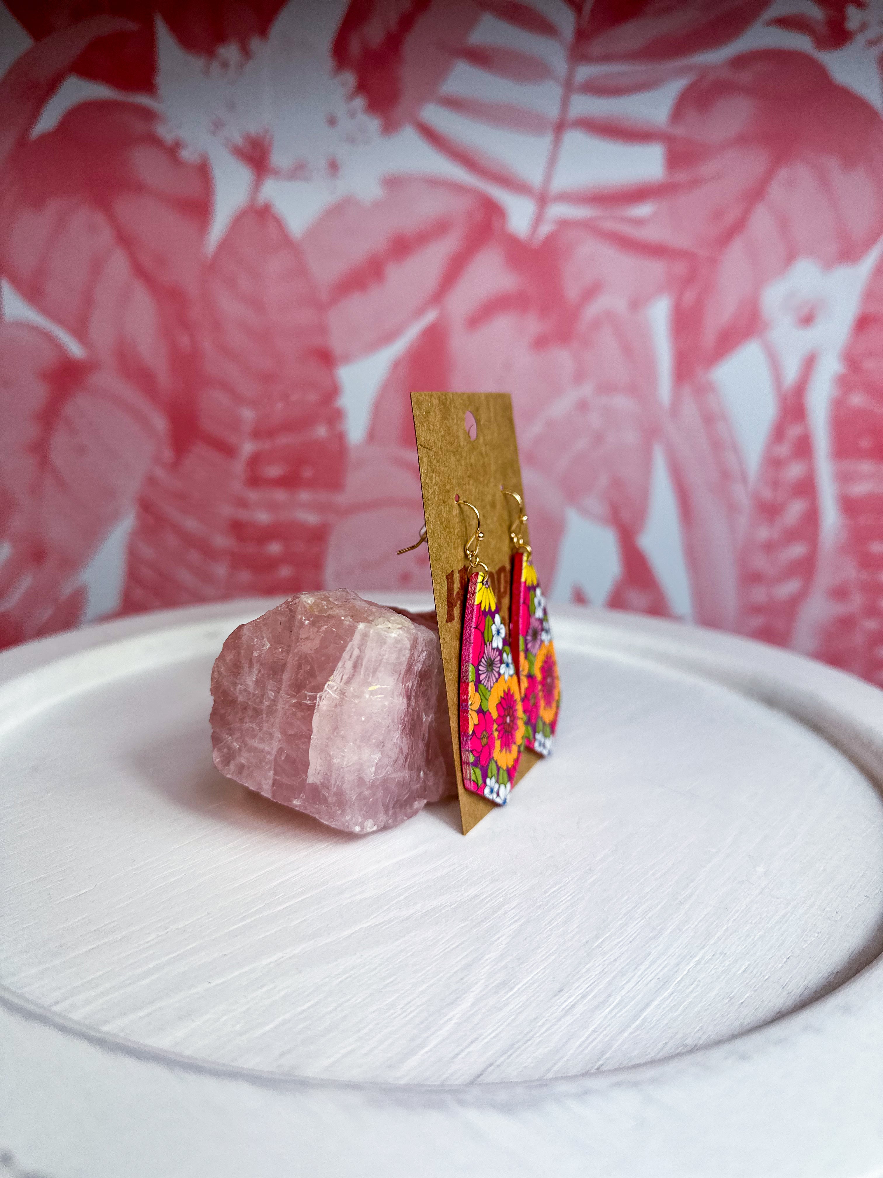 Floral Patterned Wood Earrings - Fuschia *Final Sale*