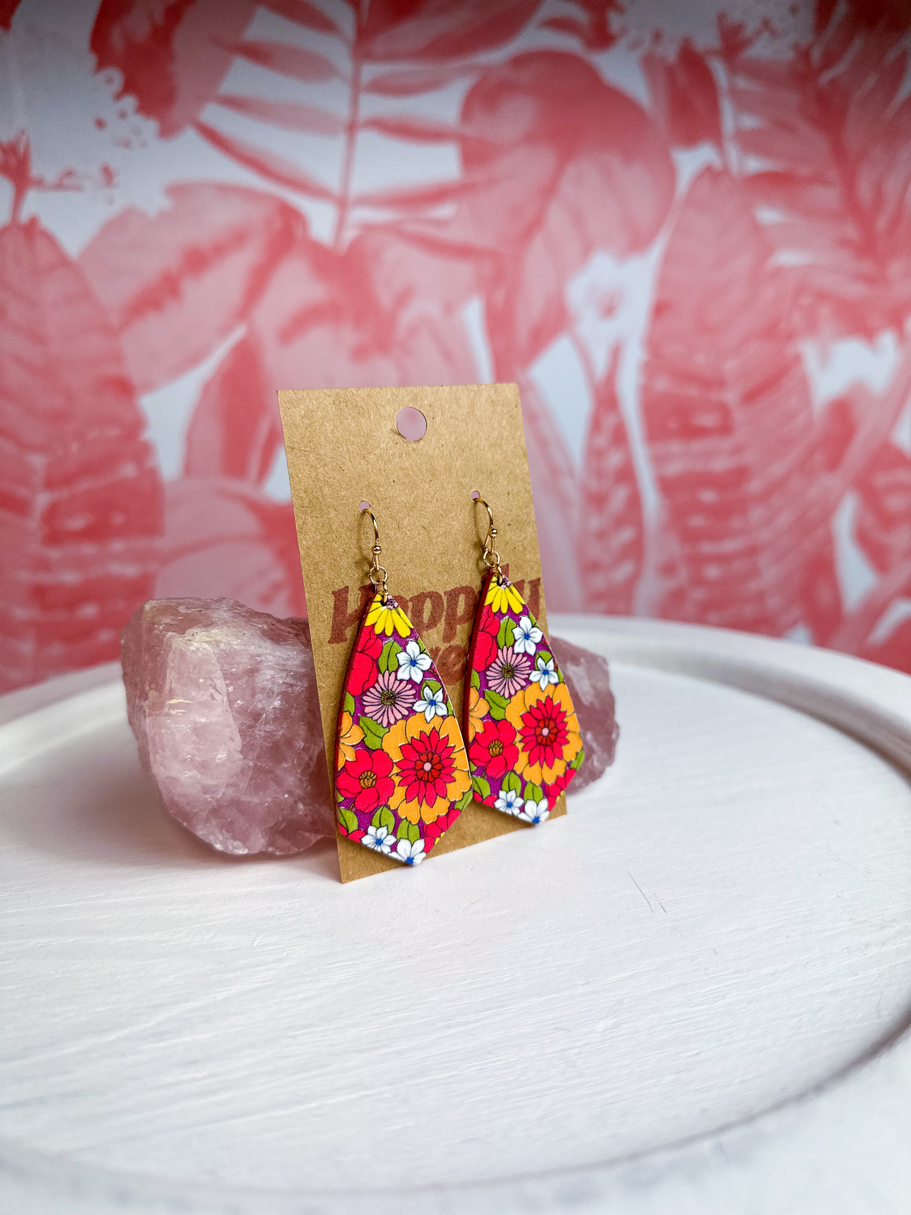 Floral Patterned Wood Earrings - Fuschia *Final Sale*