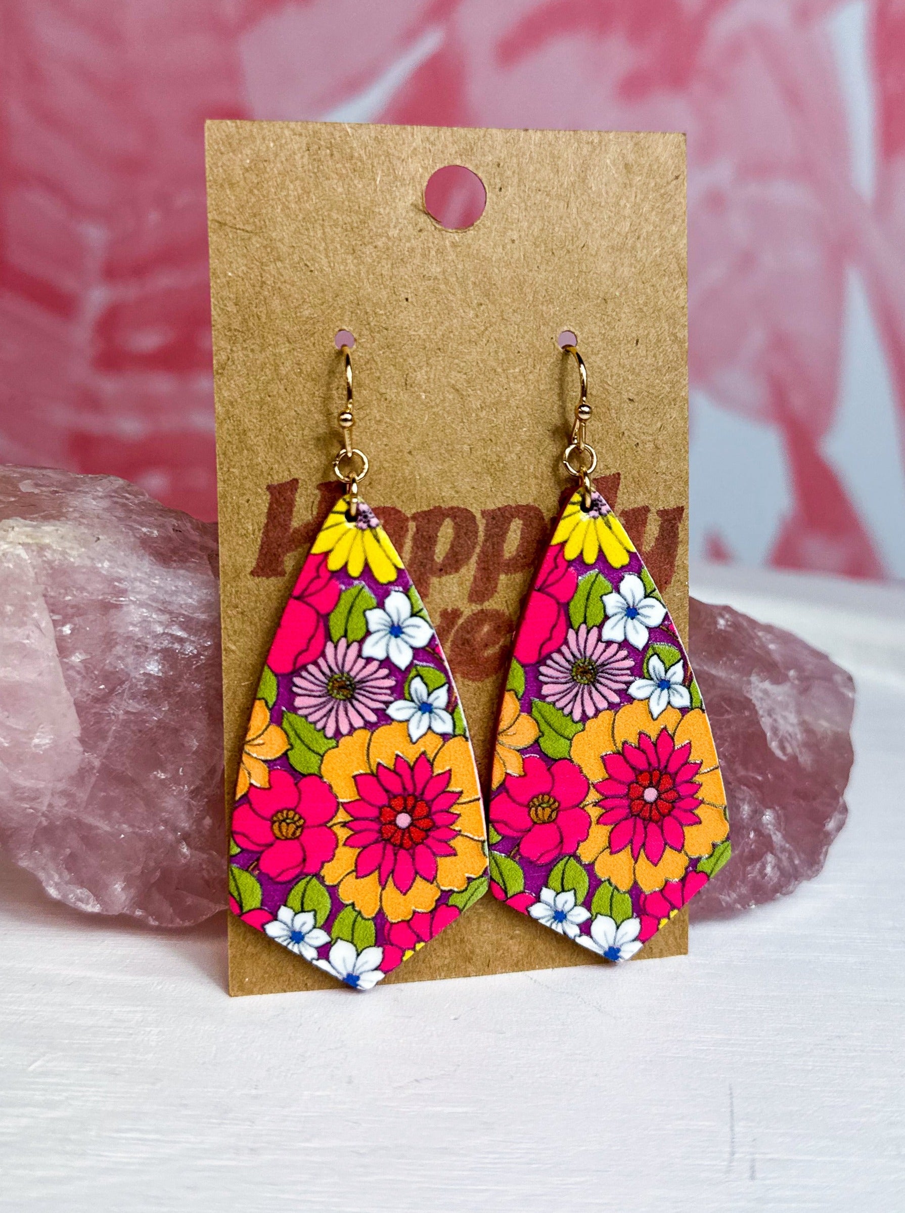 Floral Patterned Wood Earrings - Fuschia *Final Sale*