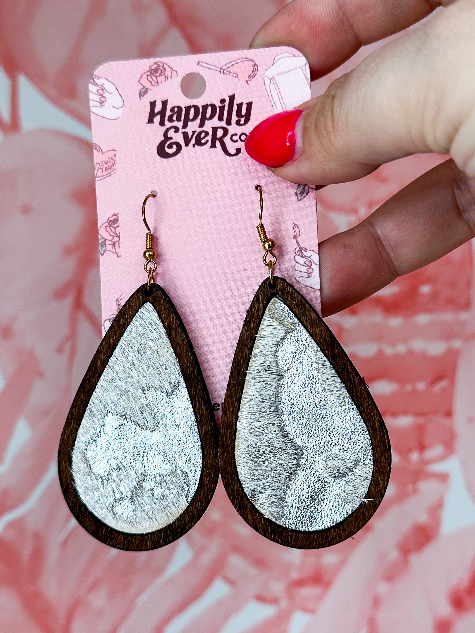 Wood & Silver Cow Teardrop Earrings