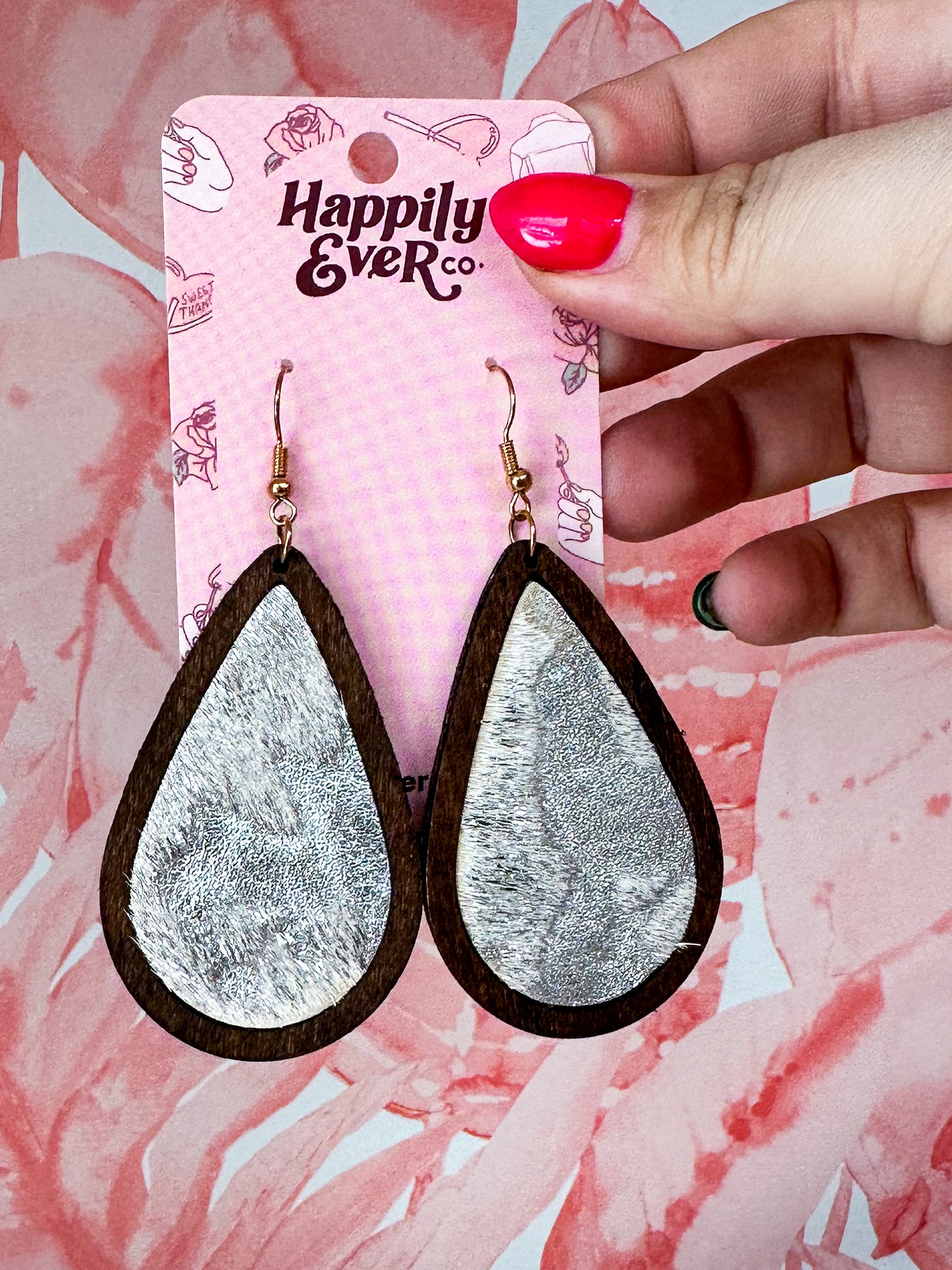 Wood & Silver Cow Teardrop Earrings