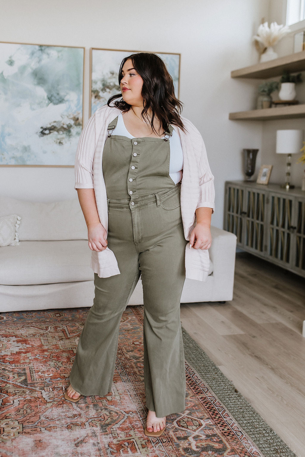 Olivia Control Top Release Hem Judy Blue Flare Overalls in Olive