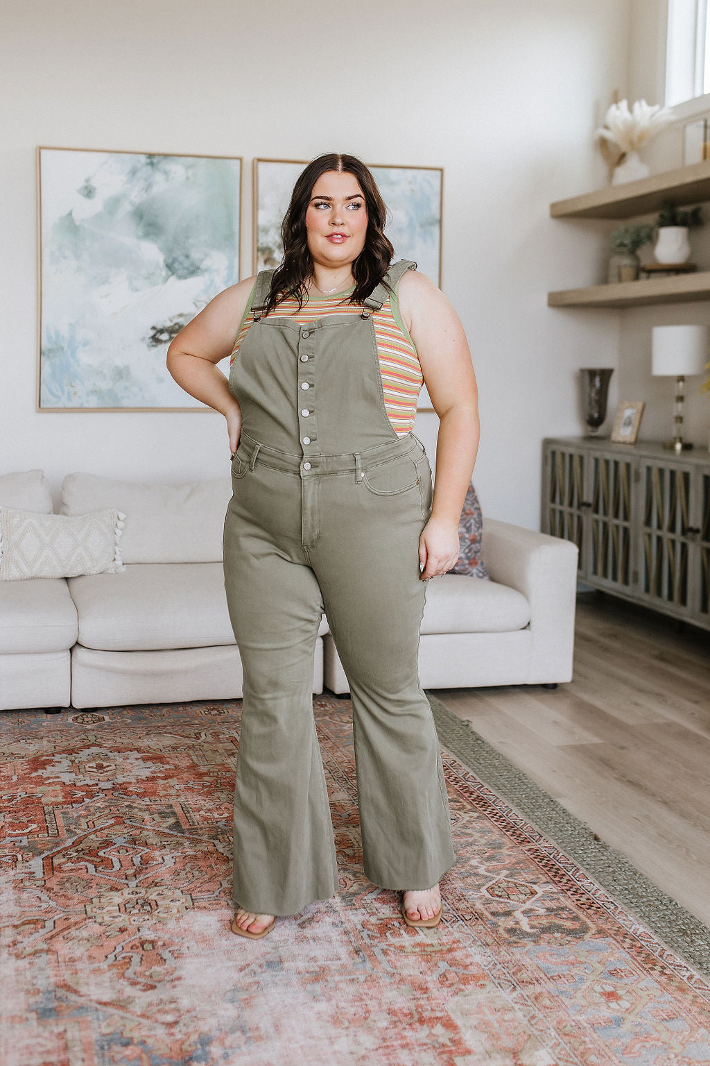 Olivia Control Top Release Hem Judy Blue Flare Overalls in Olive