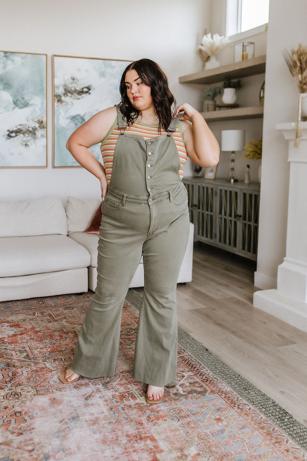 Olivia Control Top Release Hem Judy Blue Flare Overalls in Olive