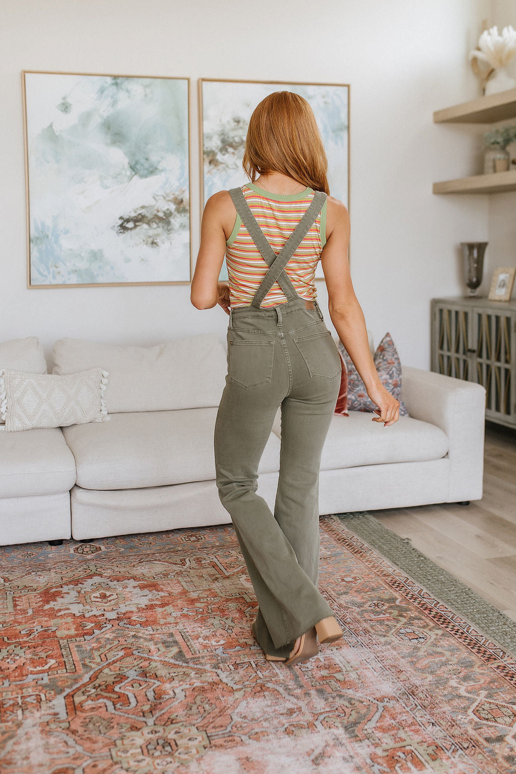 Olivia Control Top Release Hem Judy Blue Flare Overalls in Olive