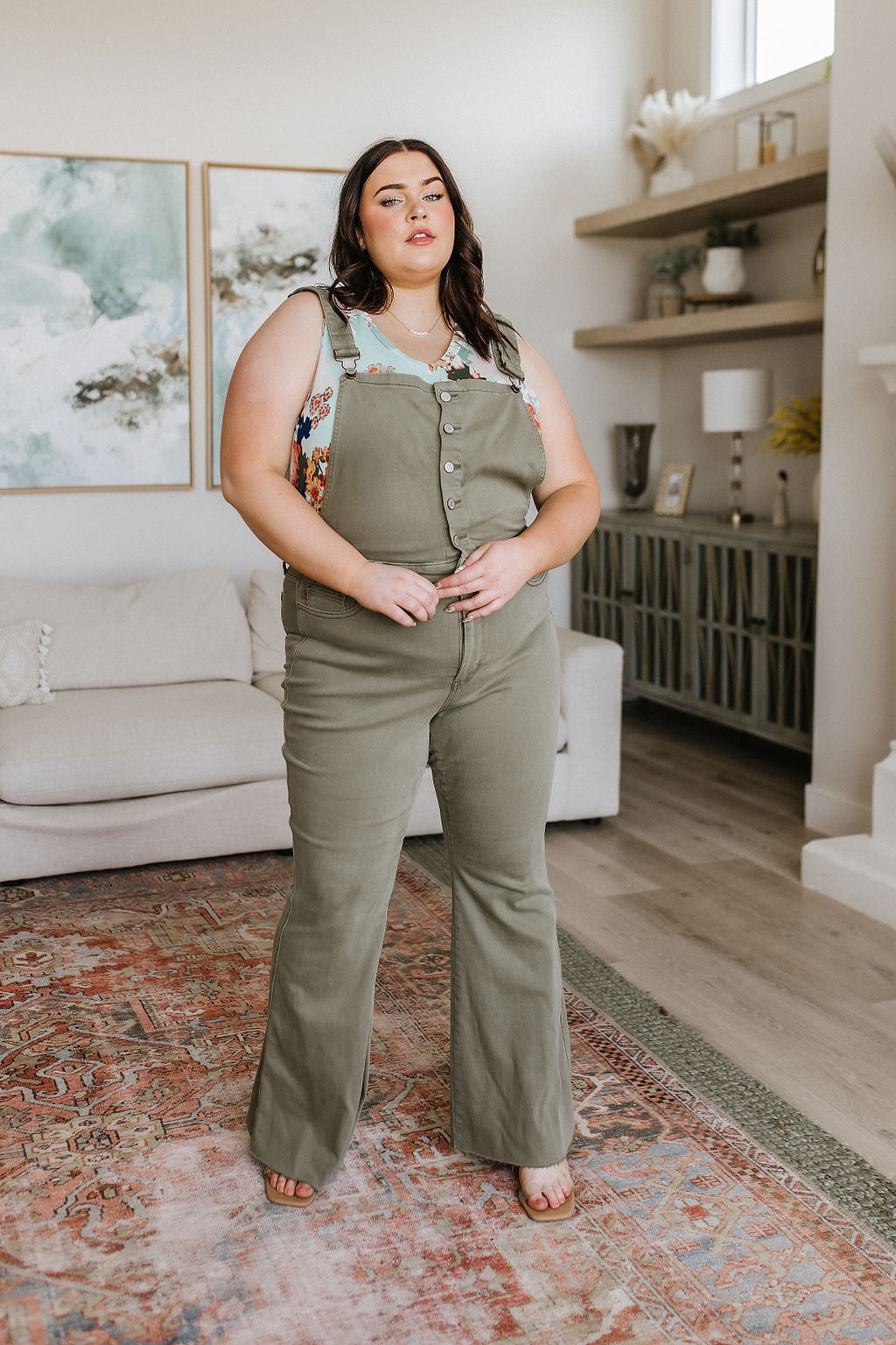 Olivia Control Top Release Hem Judy Blue Flare Overalls in Olive