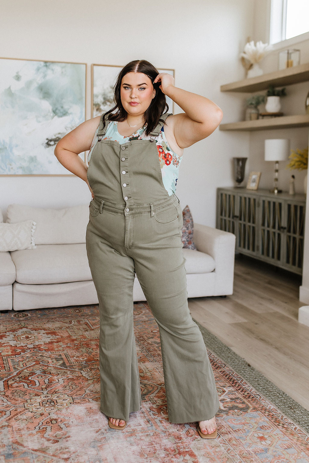 Olivia Control Top Release Hem Judy Blue Flare Overalls in Olive