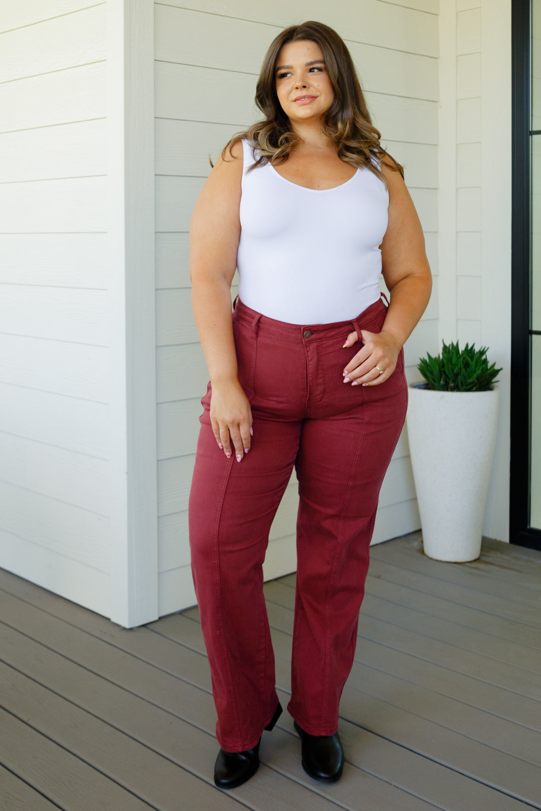 High Rise Front Seam Straight Judy Blue Jeans in Burgundy