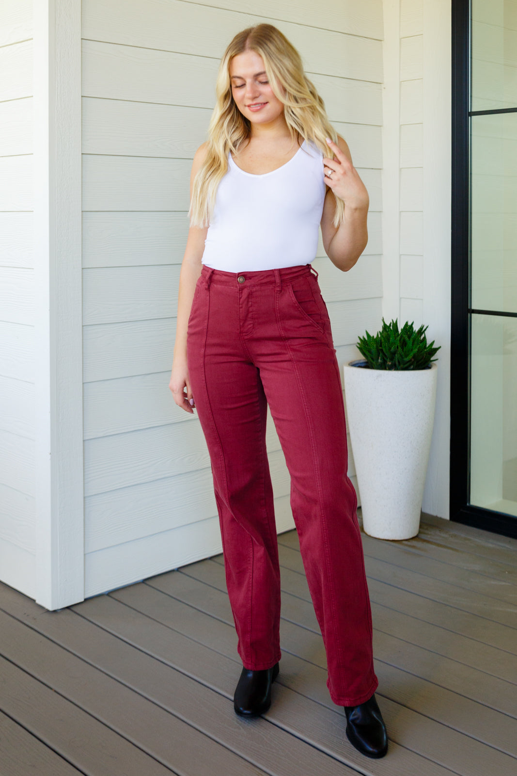 High Rise Front Seam Straight Judy Blue Jeans in Burgundy