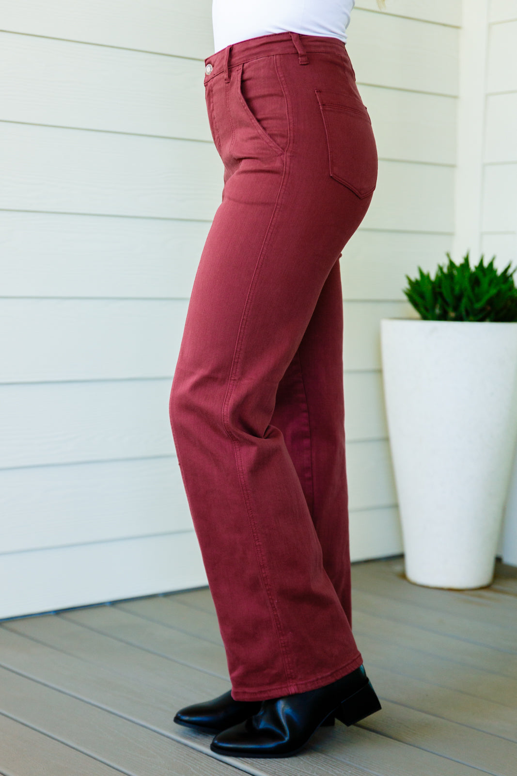 High Rise Front Seam Straight Judy Blue Jeans in Burgundy