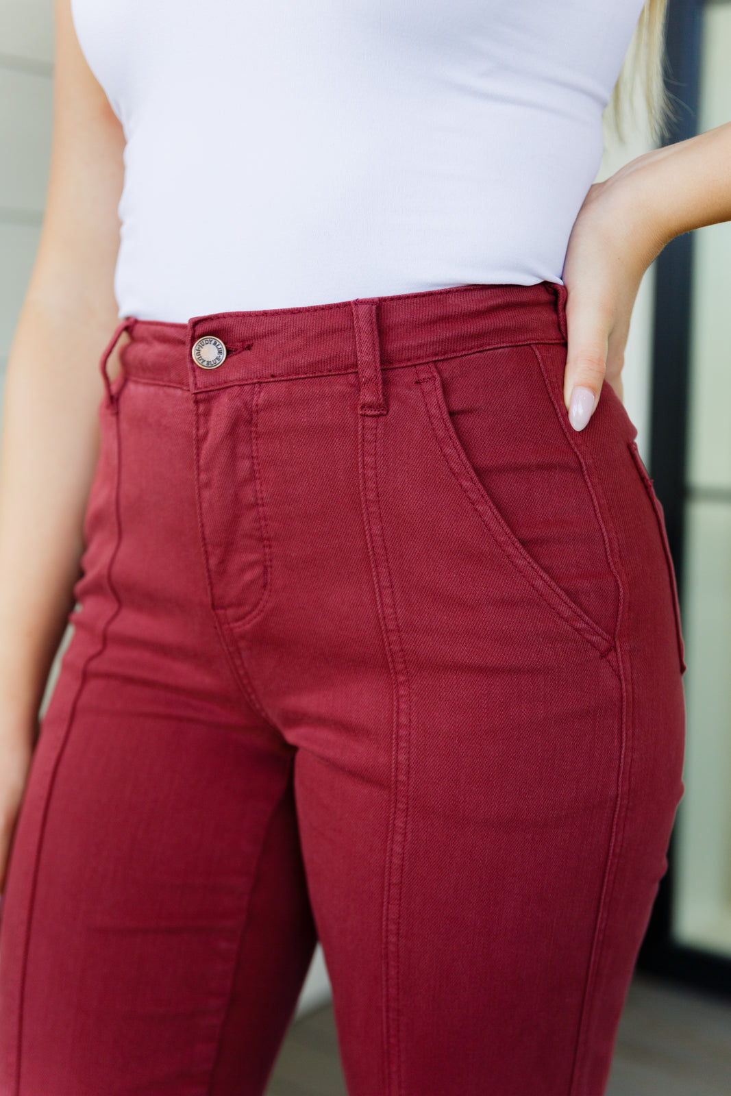 High Rise Front Seam Straight Judy Blue Jeans in Burgundy