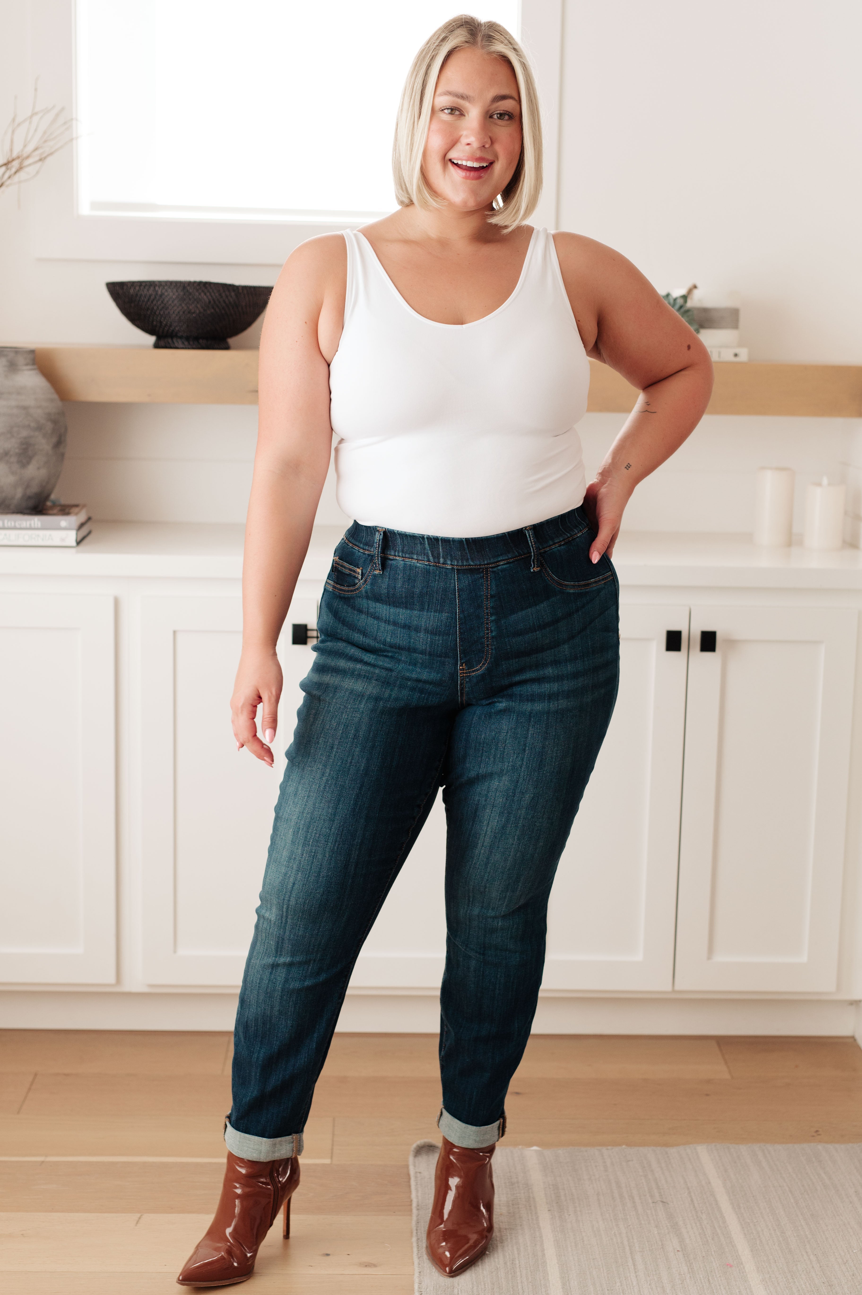 High Rise Pull On Double Cuff Slim Judy Blue Jeans