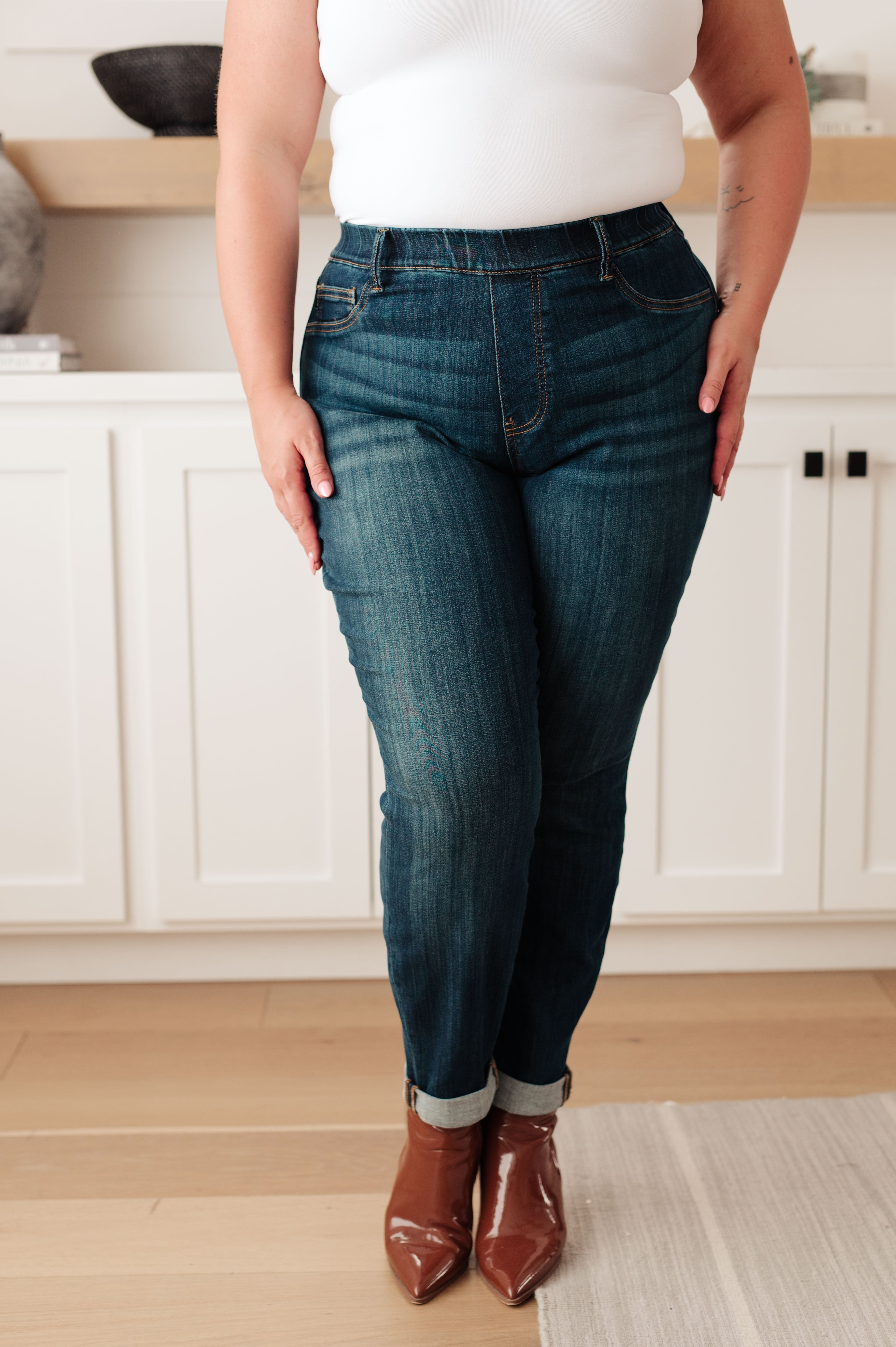 High Rise Pull On Double Cuff Slim Judy Blue Jeans