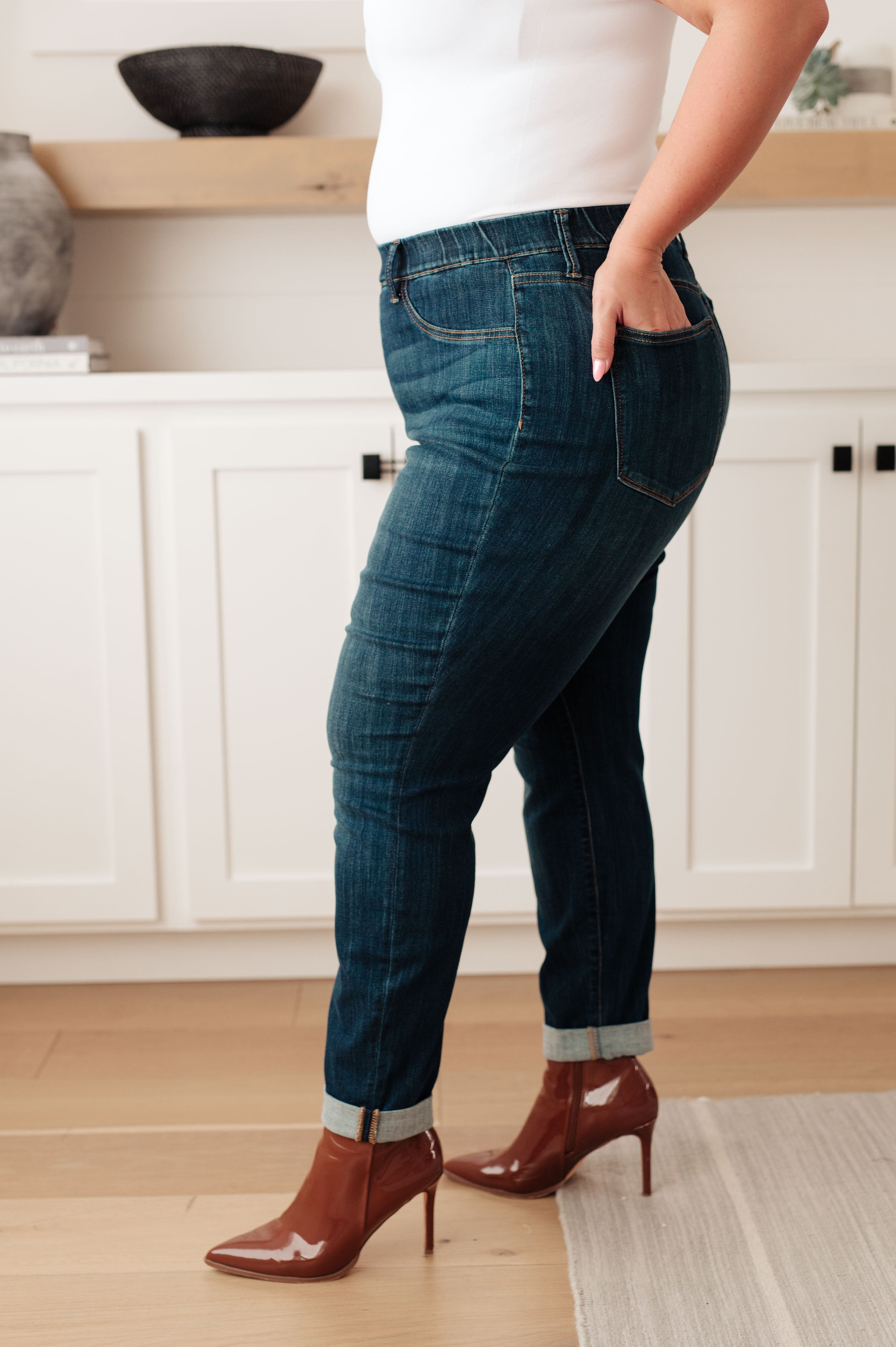 High Rise Pull On Double Cuff Slim Judy Blue Jeans