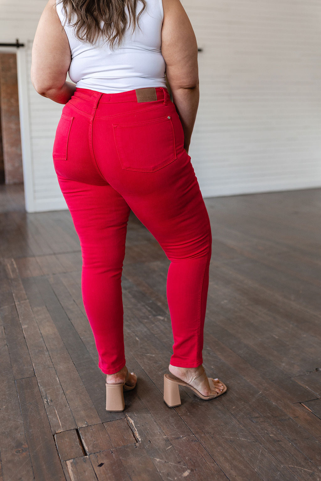 Ruby High Rise Tummy Control Garment Dyed Skinny Jeans in Red