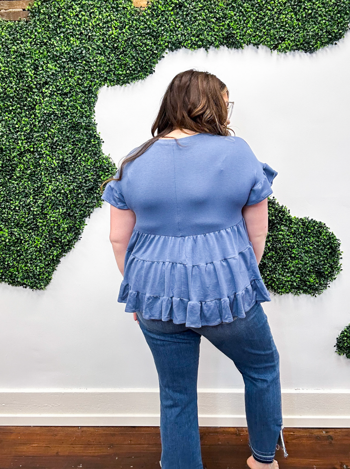 Denim Ruffle Short Sleeve Swing Top