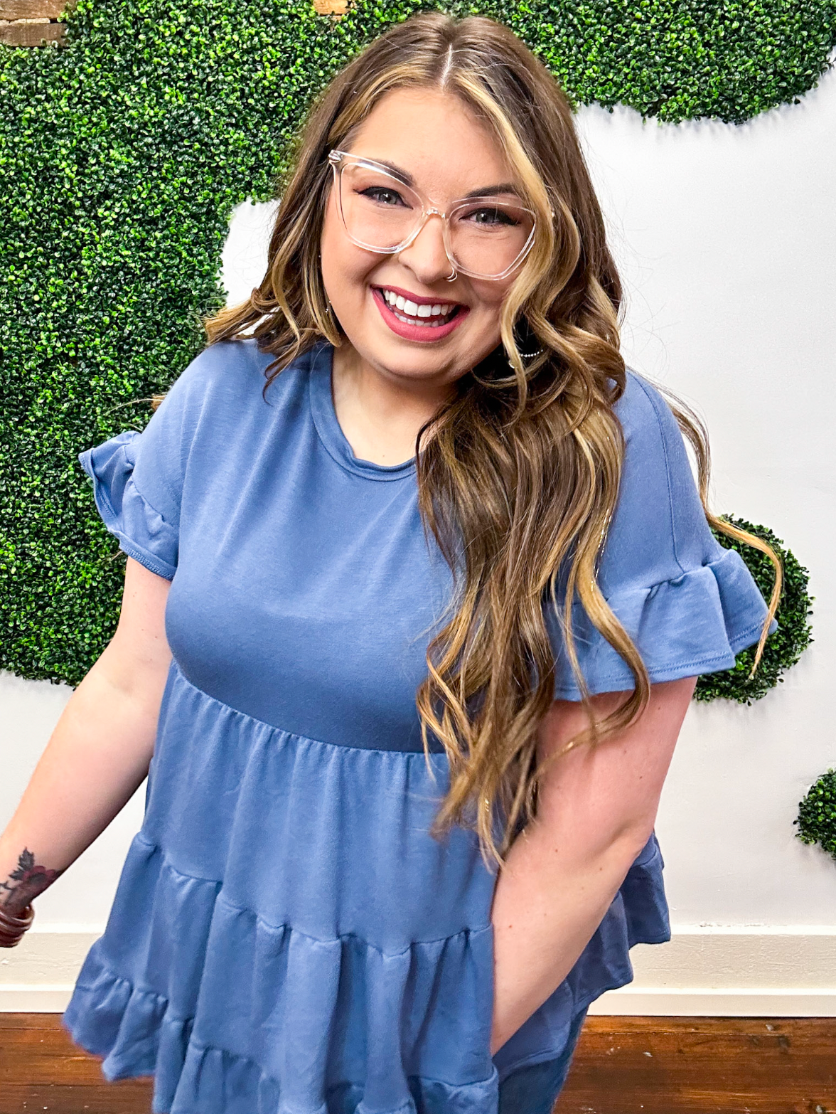 Denim Ruffle Short Sleeve Swing Top