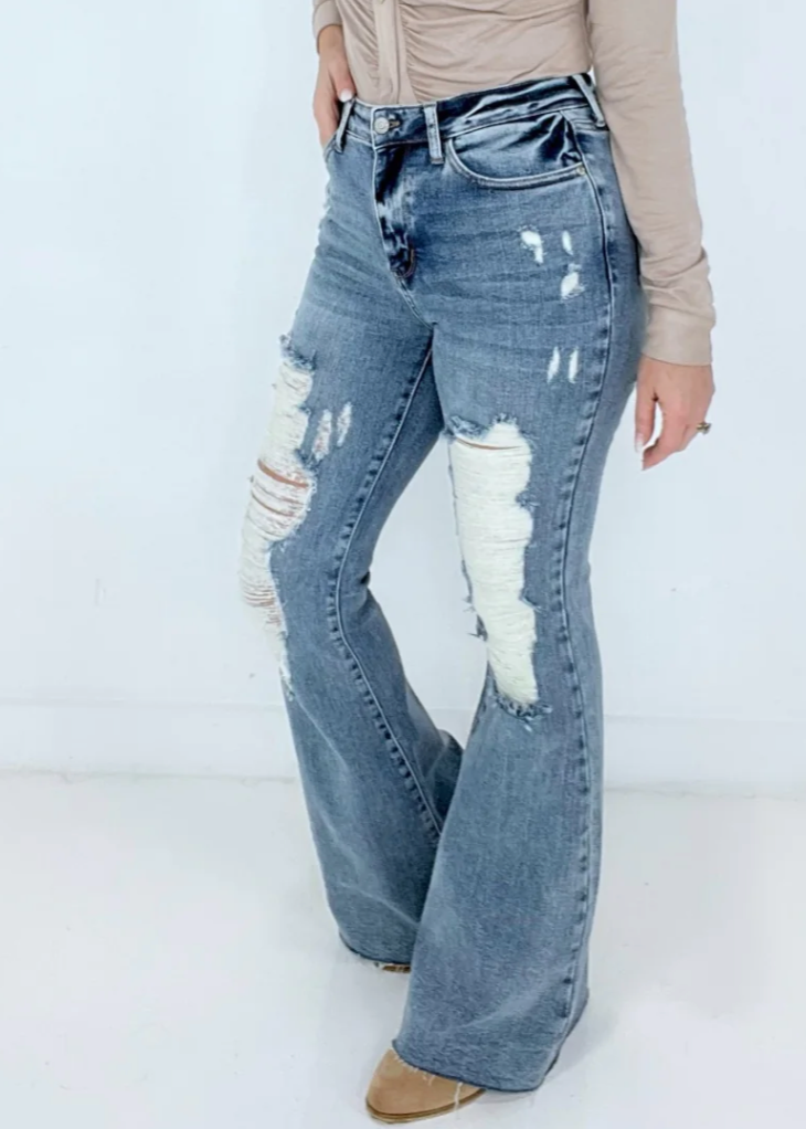 Light Wash Knee Destroy Judy Blue Flares