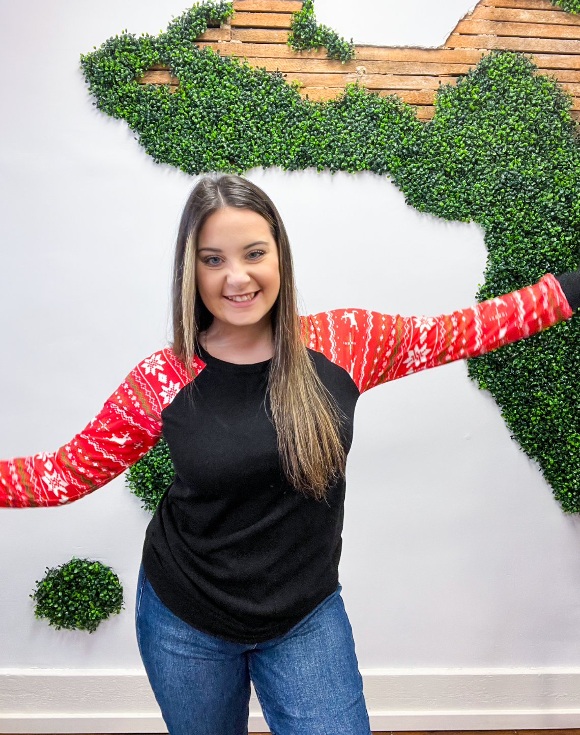 Santa Tell Me Reindeer Print Long Sleeve Top - Black