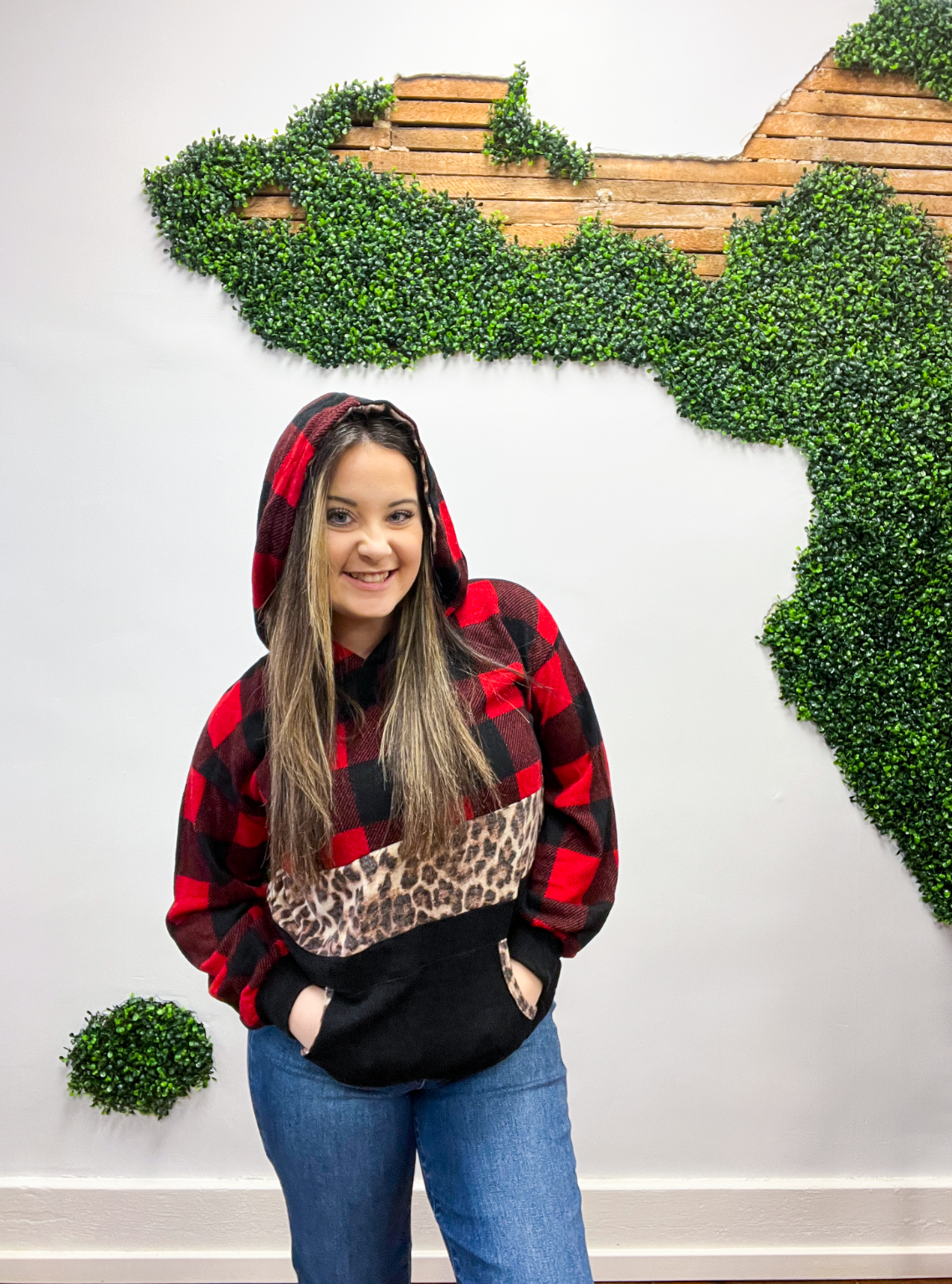 Tis The Season Plaid & Leopard Color Block Hoodie - Red