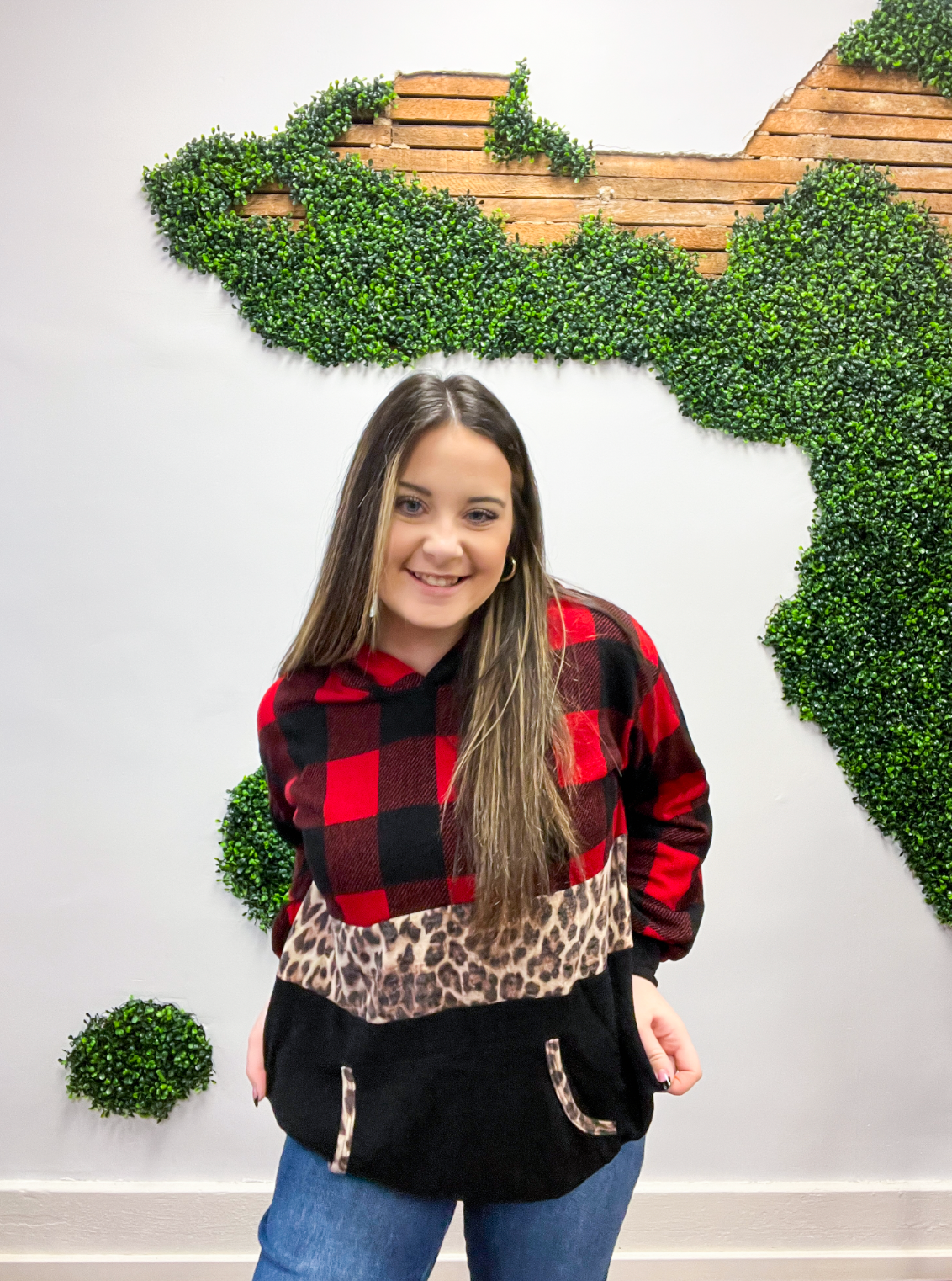 Tis The Season Plaid & Leopard Color Block Hoodie - Red