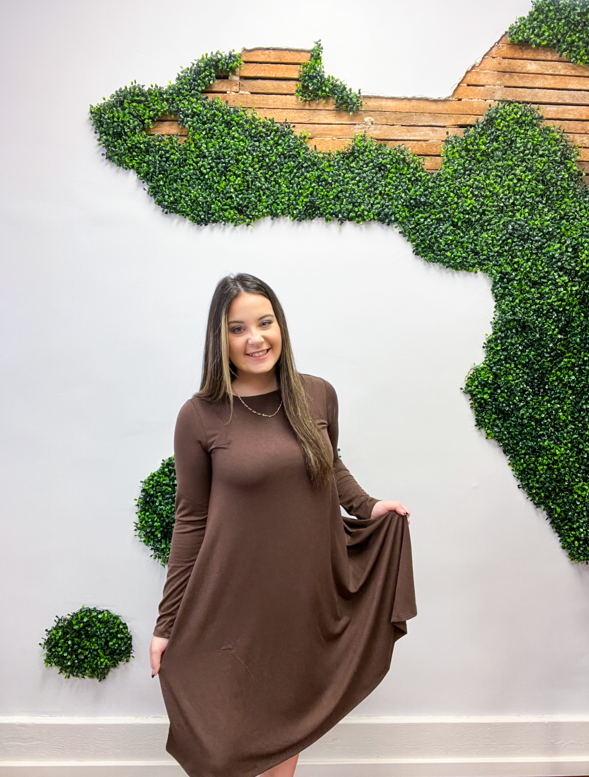 Essential Long Sleeve Flare Dress with Pockets - Brown