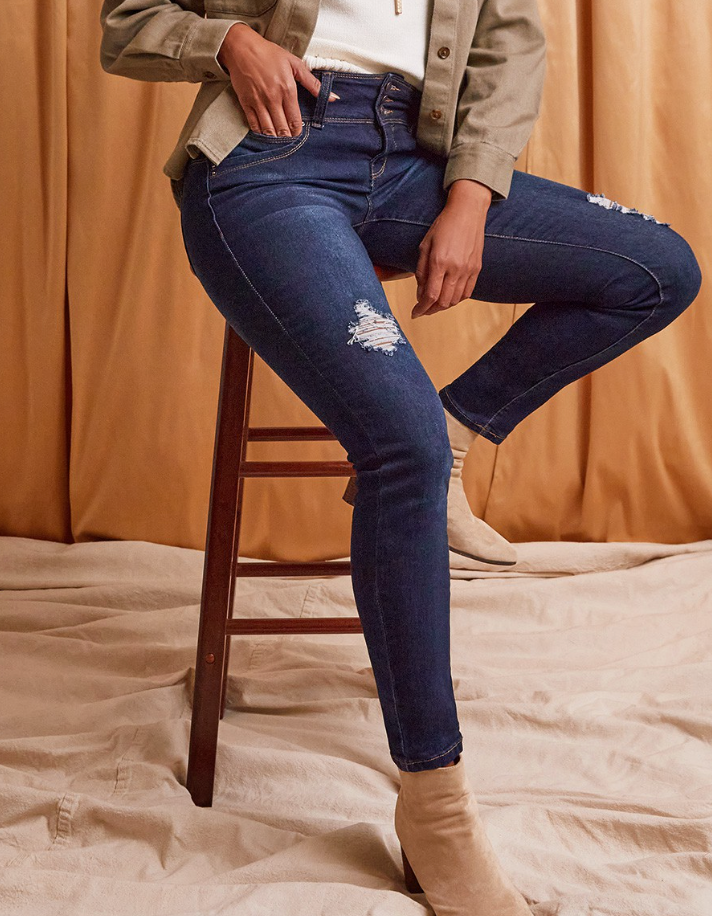 Mid Rise WannaBettaButt 3 Button Distressed Tummy Control Skinny Jeans by RFM  - Dark Wash