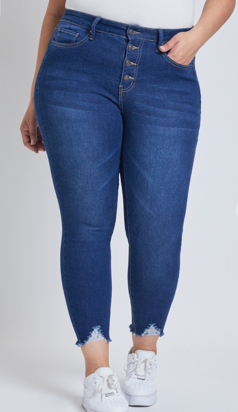 High Rise Distressed Hem Tummy Control Skinny Jeans by RFM - Dark Wash *FINAL SALE*