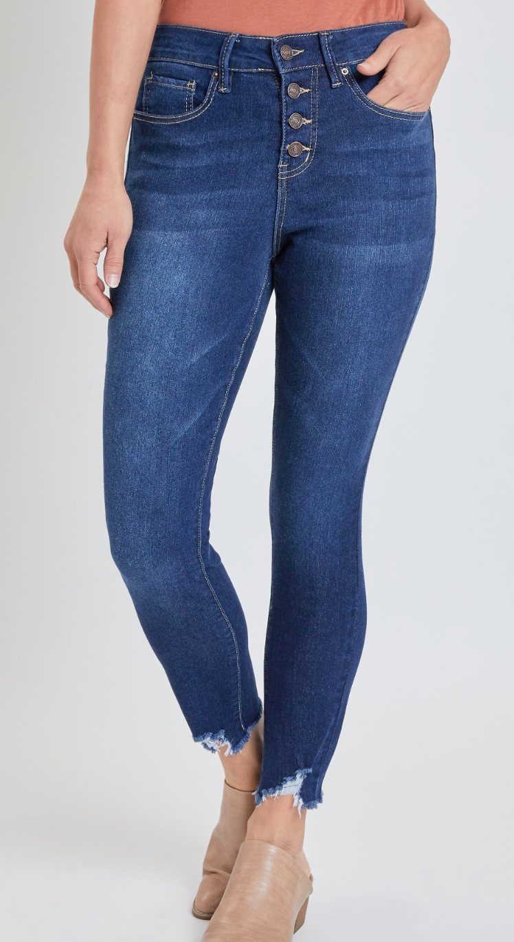 High Rise Distressed Hem Tummy Control Skinny Jeans by RFM - Dark Wash *FINAL SALE*