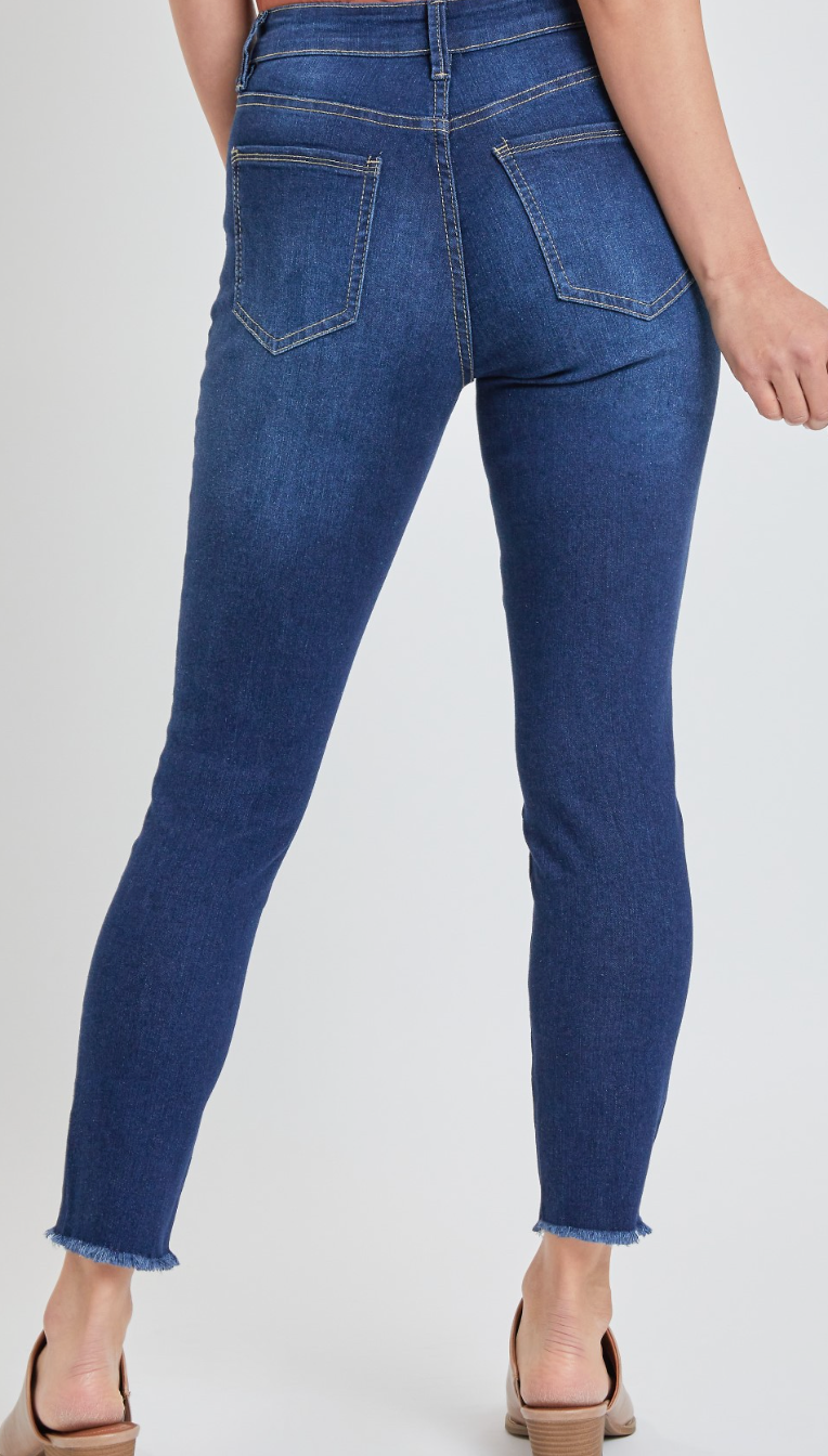 High Rise Distressed Hem Tummy Control Skinny Jeans by RFM - Dark Wash *FINAL SALE*