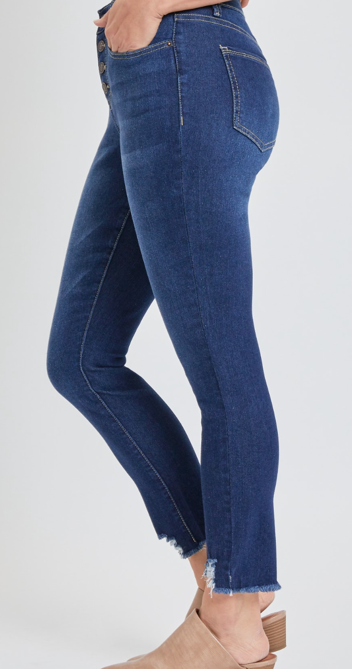 High Rise Distressed Hem Tummy Control Skinny Jeans by RFM - Dark Wash *FINAL SALE*